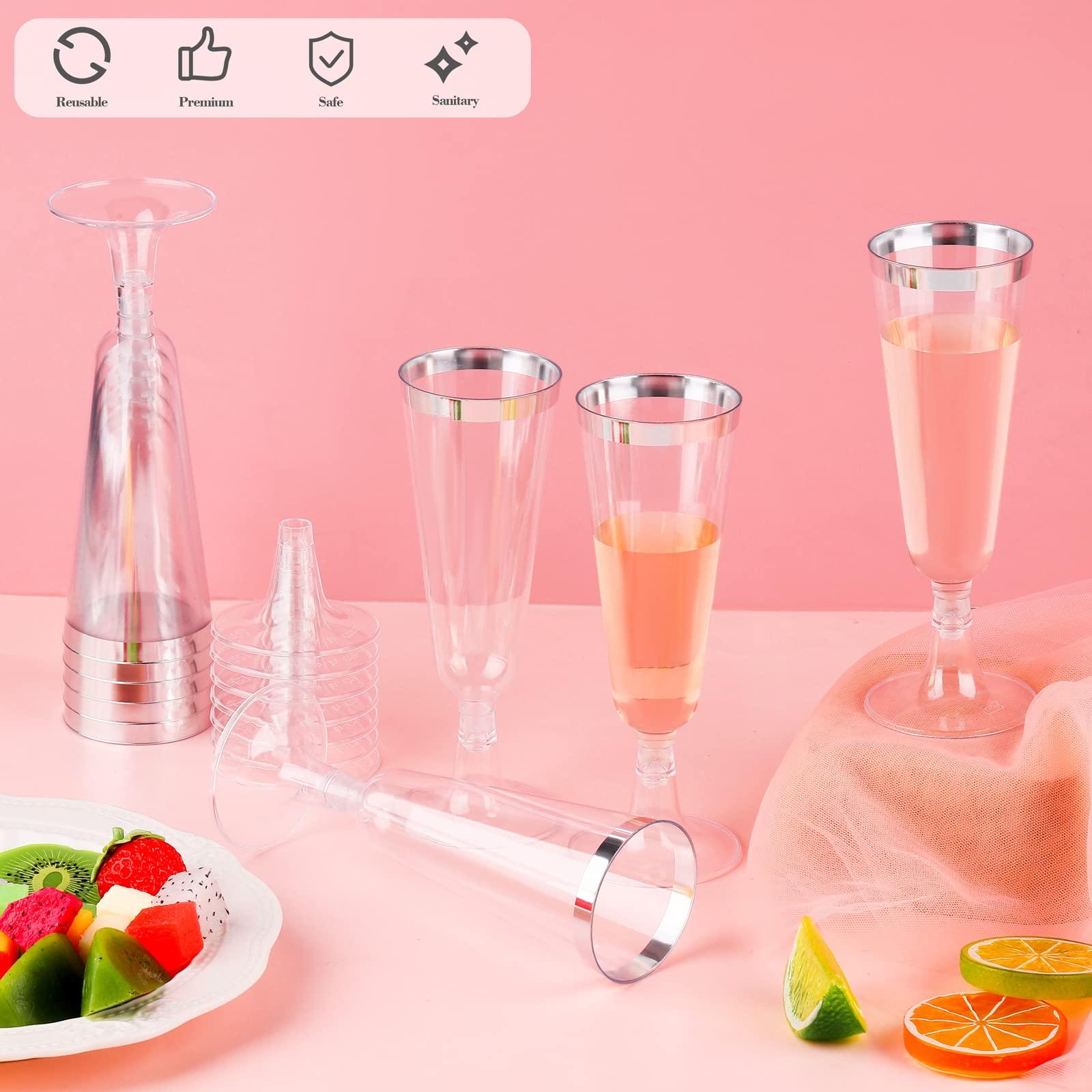 Ruisita Ruisita 120 Pack 5 Ounces Plastic Champagne Flutes Disposable Plastic Champagne Glasses for Parties Clear Toasting Flutes Cocktail Cups for Wedding, Anniversary, Birthday (Silver)