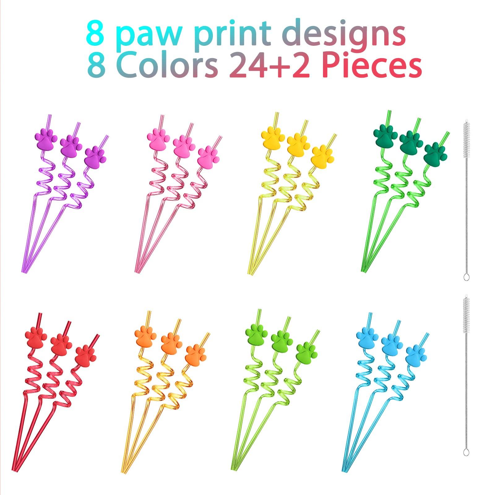 FZR Legend 24 Paw Birthday Party Supplies Paw Print Drinking Straws with 2 PCS Straws Patrol Cleaning Brush for Pet Dog Puppy Pals Cat Birthday Decorations Favors