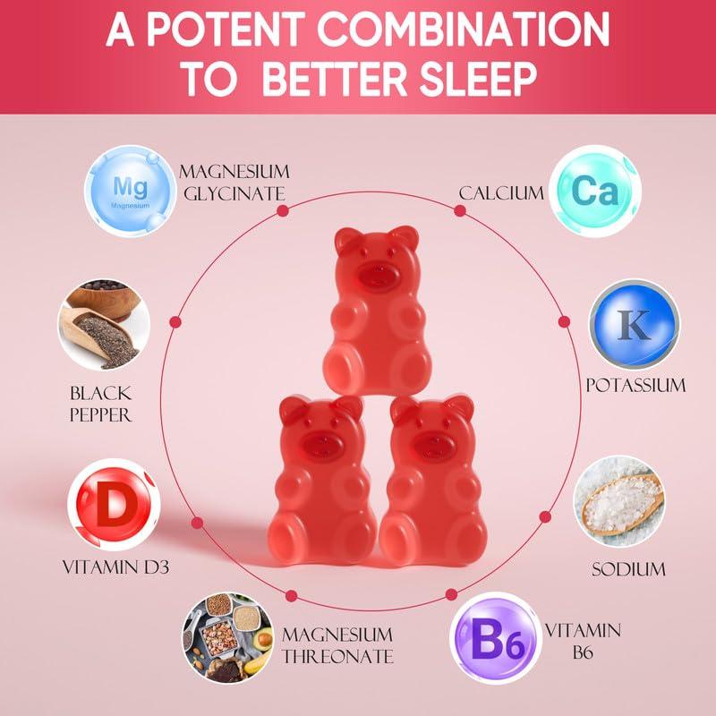 VIKAPER Magnesium Glycinate Gummies 1000mg Sugar Free,Magnesium Potassium Supplement with Vitamin D3,B6 to Sleep,Stress,Muscle Relief,Nerve Health Support for Adults,180 Raspberry Flavor Gummy