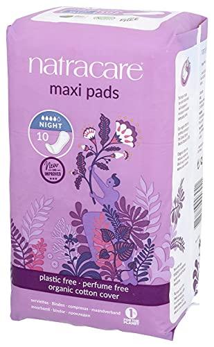 NATRACARE Natracare Natural Traditional Style Night Time Maxi Pads, Individually Wrapped, Without Wings in Plant-Based Bag (1 Pack, 10 Pads Total)