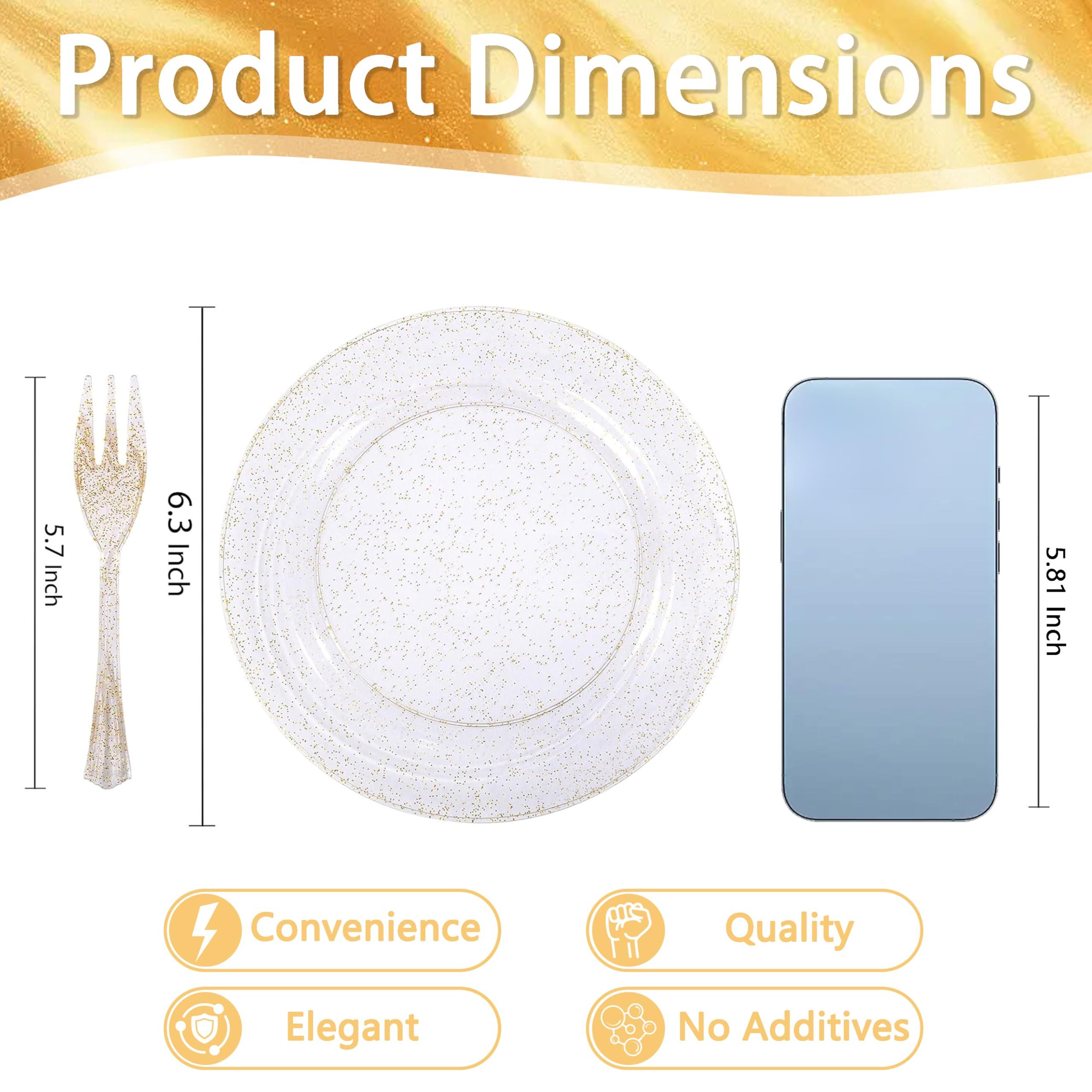 WELLIFE WELLIFE 60PCS Gold Glitter Dessert Plates and 60PCS Plastic Forks, 6.5 inch Disposable Dessert Plates for 60 Guests, Durable Gold Glitter Cake Plates, Perfect for Party