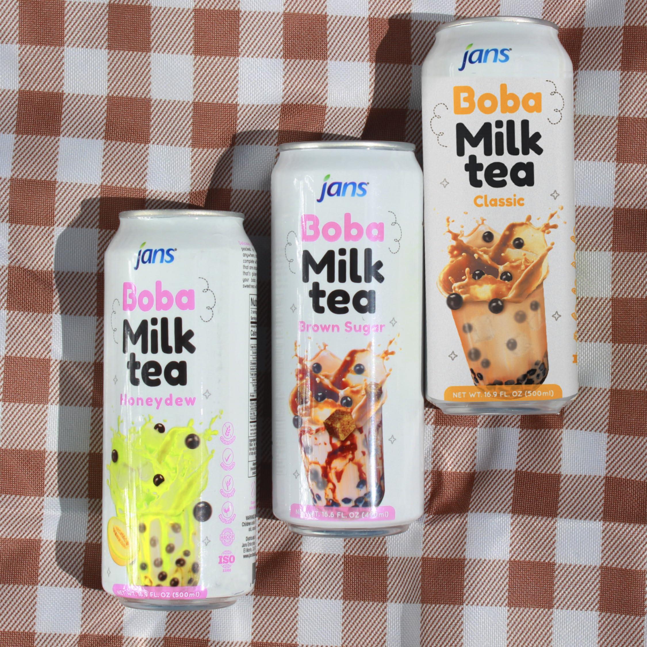 Jans Jans Boba Milk Tea Brown Sugar Flavor, Thick Sweet and Creamy Milk tea beverages with tapioca bubble boba, milky boba taiwanese tea 16.9 fl oz per can (Pack of 1)