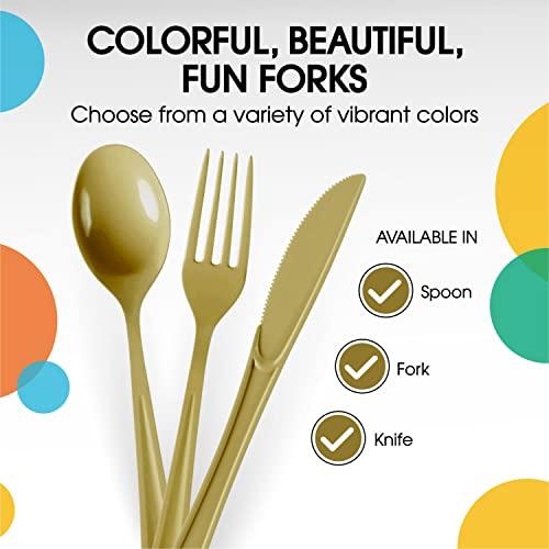 Exquisite Disposable Gold Plastic Forks 50 Pcs - Heavy Duty Gold Plastic Disposable Cutlery - Gold Disposable Flatware, Gold Plastic Silverware, Plastic Forks Gold Exquisite