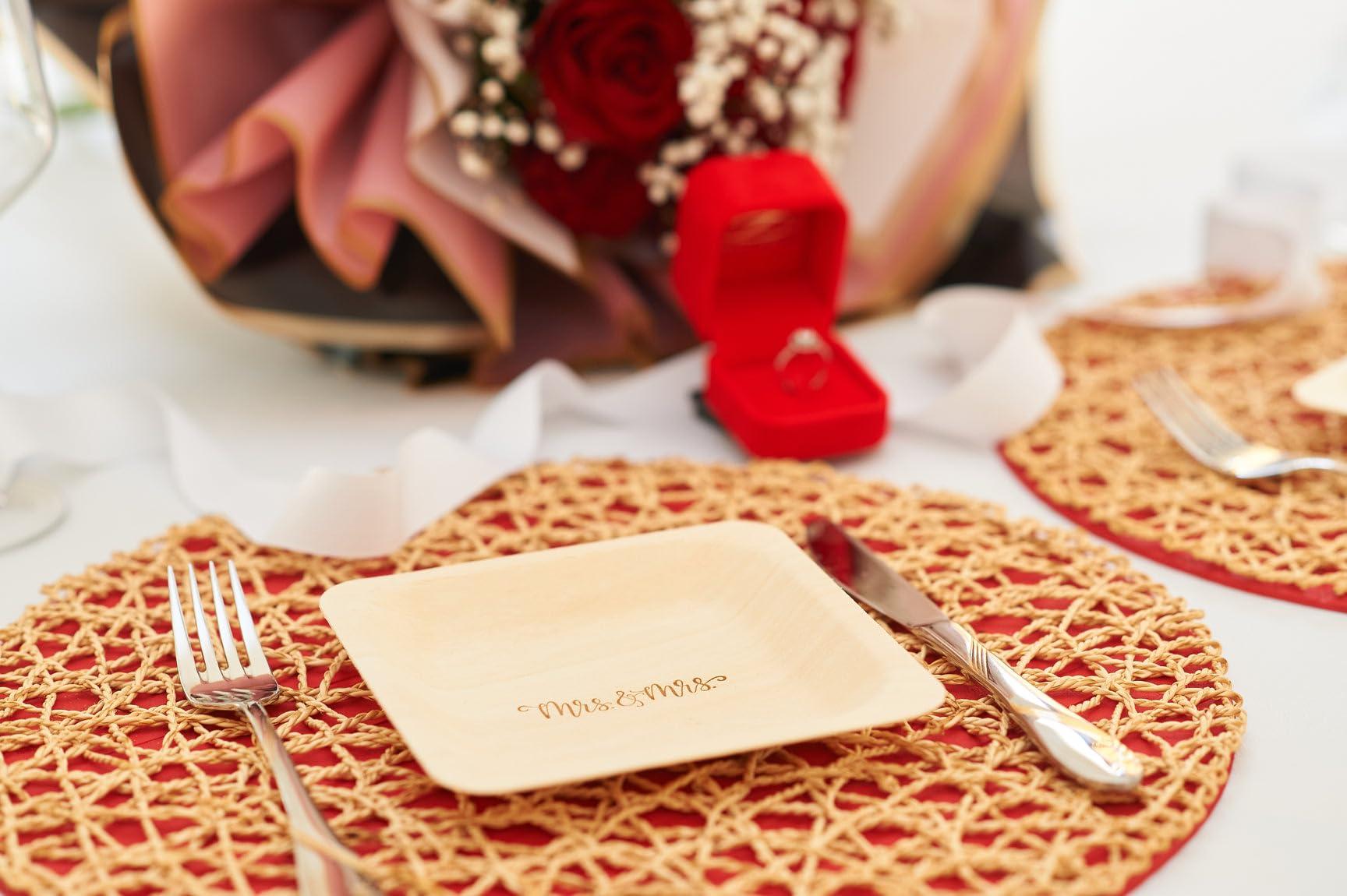 Wood & Wonder Mrs. and Mrs. Disposable Wedding Plates Rustic, Compostable Alternative to Plastic Plates for Wedding Receptions, Engagement Parties, and Rehearsal Dinners (Appetizer, 50-Pack)