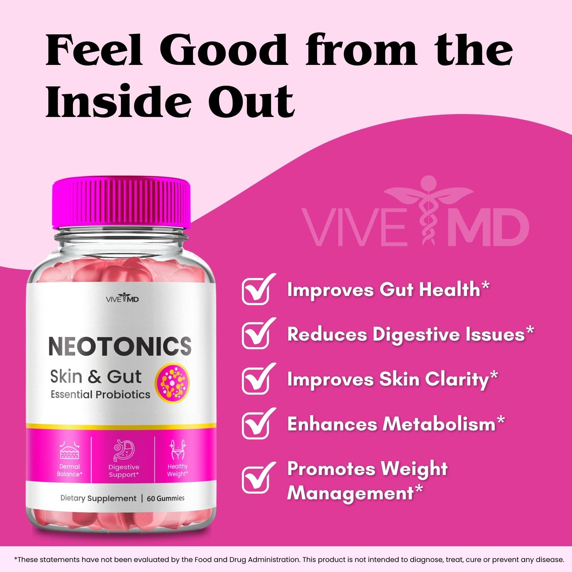 VIVE MD VIVE MD Neotonics Skin and Gut Gummies, Neotonics Skin & Gut, Neotonics Gummies, Neotonics Skin and Gut Gummies Reviews, Maximum Strength Probiotic Supplement for Clear Skin Gummies (5 Pack)