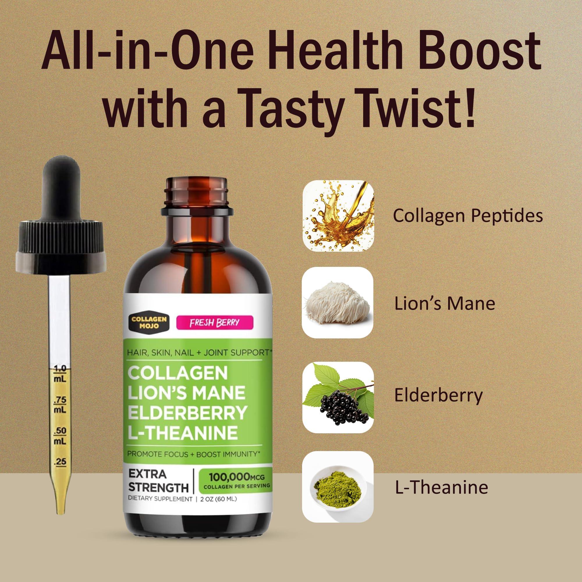 Collagen Mojo Collagen Mojo Liquid Collagen Peptides with Sea Moss, Burdock Root & Bladderwrack + Ashwagandha, Elderberry & L-Theanine + Lions Mane Mushroom, Elderberry & L-Theanine