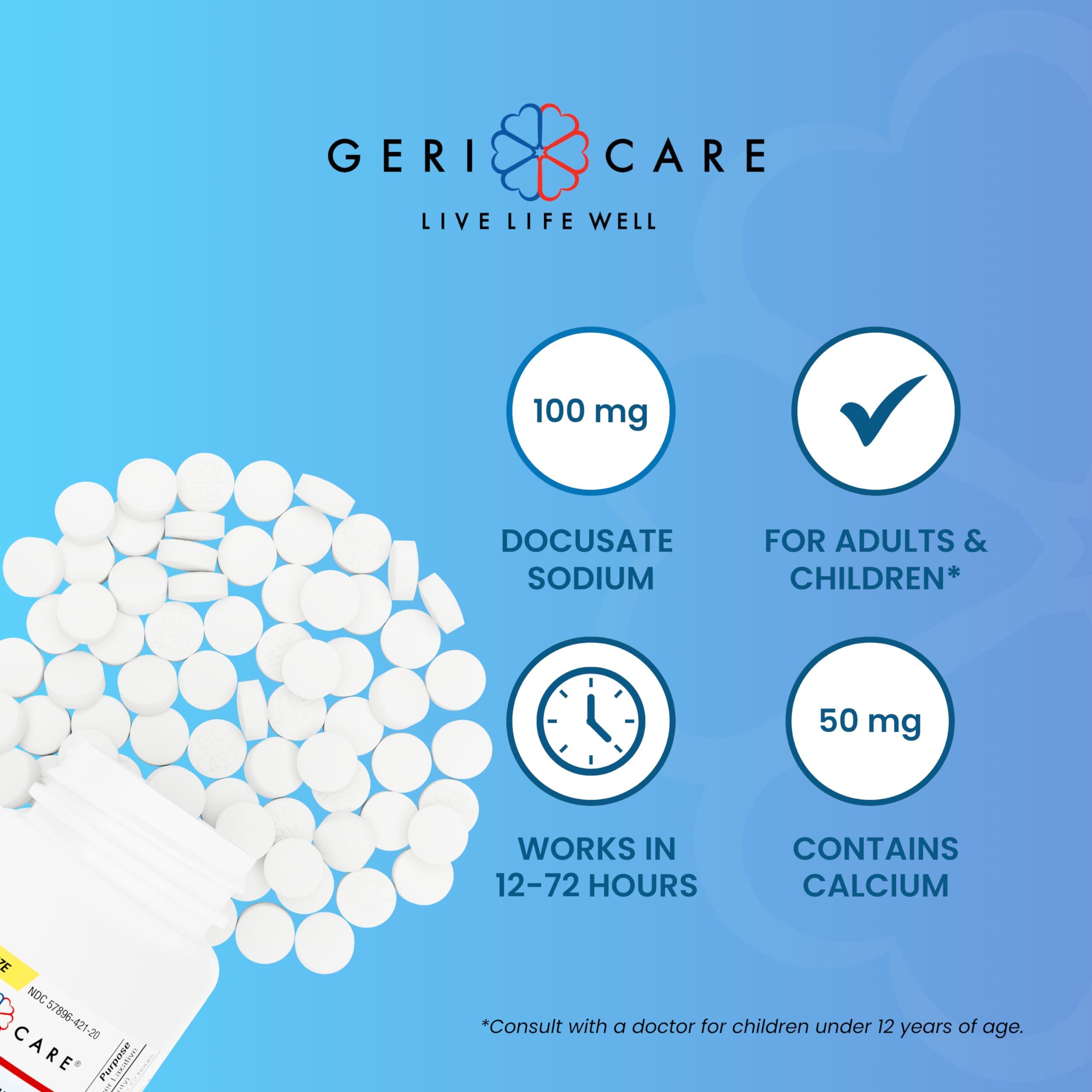 GeriCare GeriCare Docusate Sodium Stool Softeners, Best Stool Softener for Daily use for Women, Men, and Elderly - Ideal for Constipation Relief 100mg Crushable Tablets. (200 Count) Made in The USA.