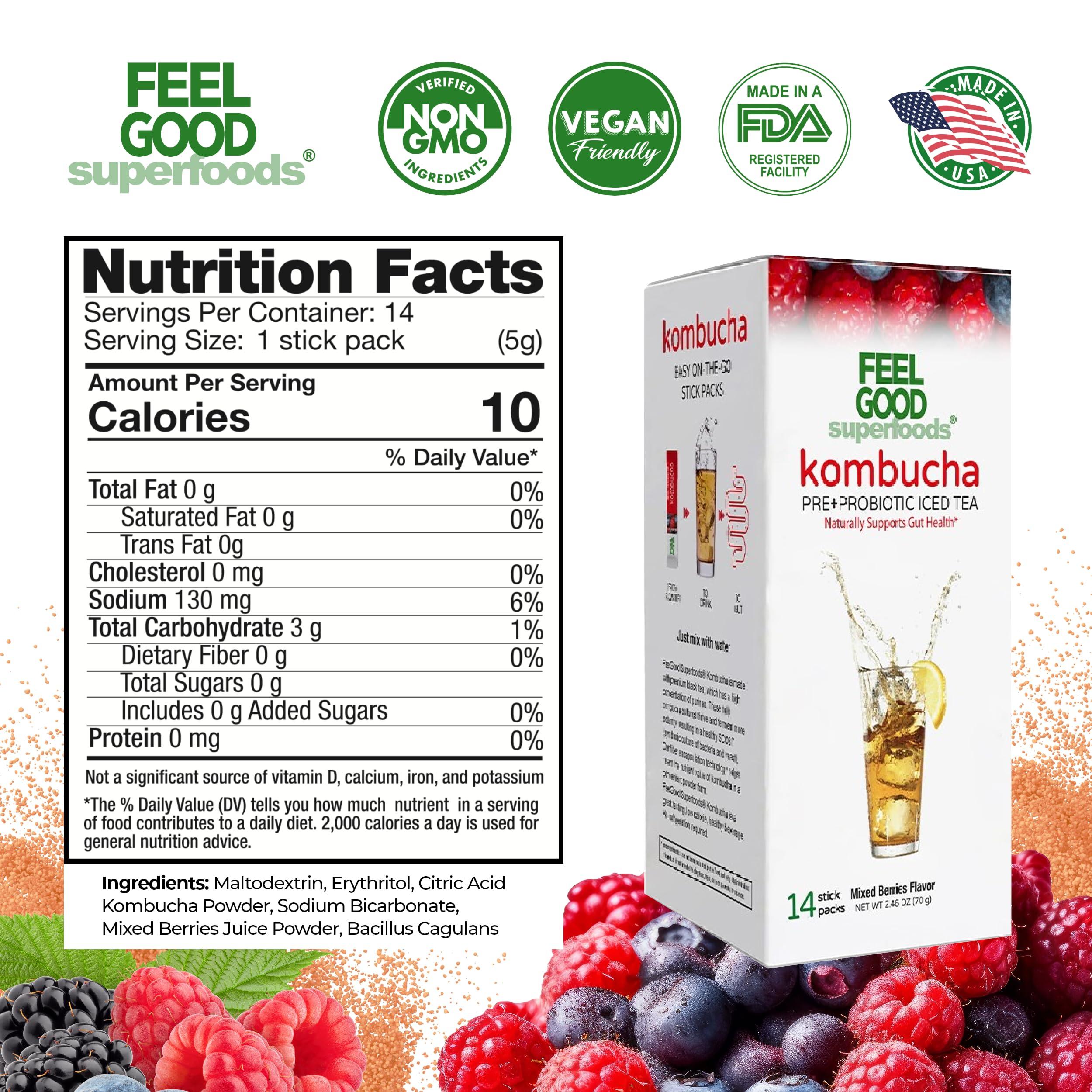FeelGood Superfoods FeelGood Superfoods Kombucha Iced Tea Packets, Delicious Mixed Berries Flavored Refreshing Instant Kombucha Powder Fizzy Drink, Probiotic Supplement for Gut Health, 14 pack