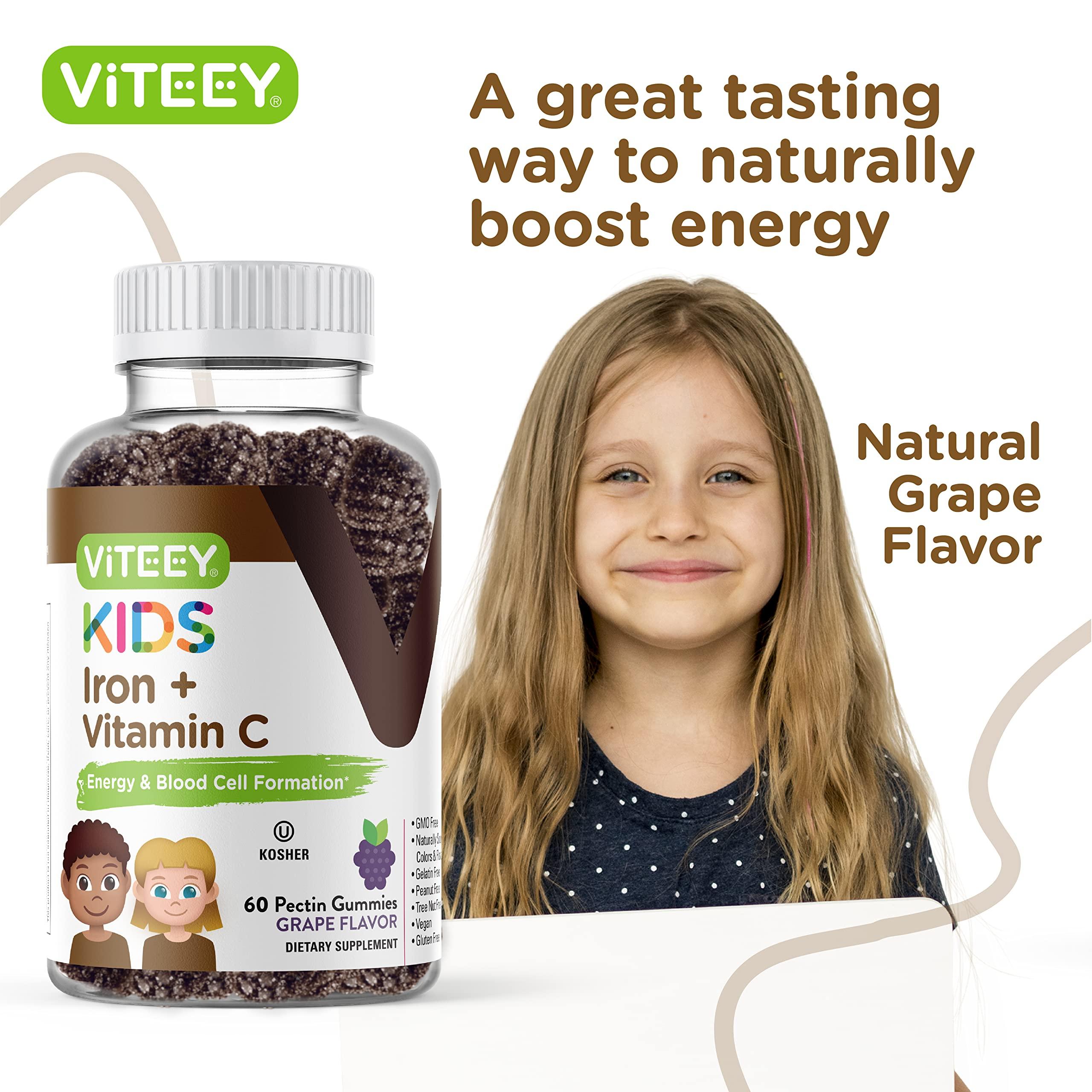 Viteey Iron Gummies for Kids with Vitamin C - Supports Energy, Blood Cell Formulation, Blood Builder Anemia Kids Iron Supplements - Vegan, Gelatin Free, Gluten Free - Tasty Chewable Grape Flavored Gummy