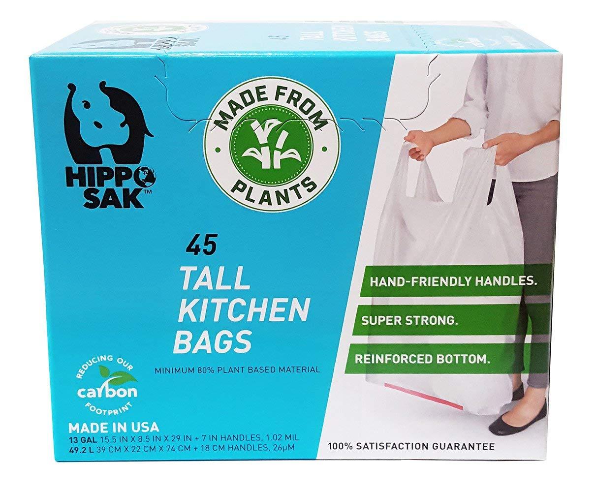 Hippo Sak Hippo Sak - Plant Based Tall Kitchen Garbage Bags with Ergonomic Handles - 13 Gallon Trash Bags - Recyclable & Eco Friendly - Super Strong and Leak Proof Tall Kitchen Trash Bags (45 Count)