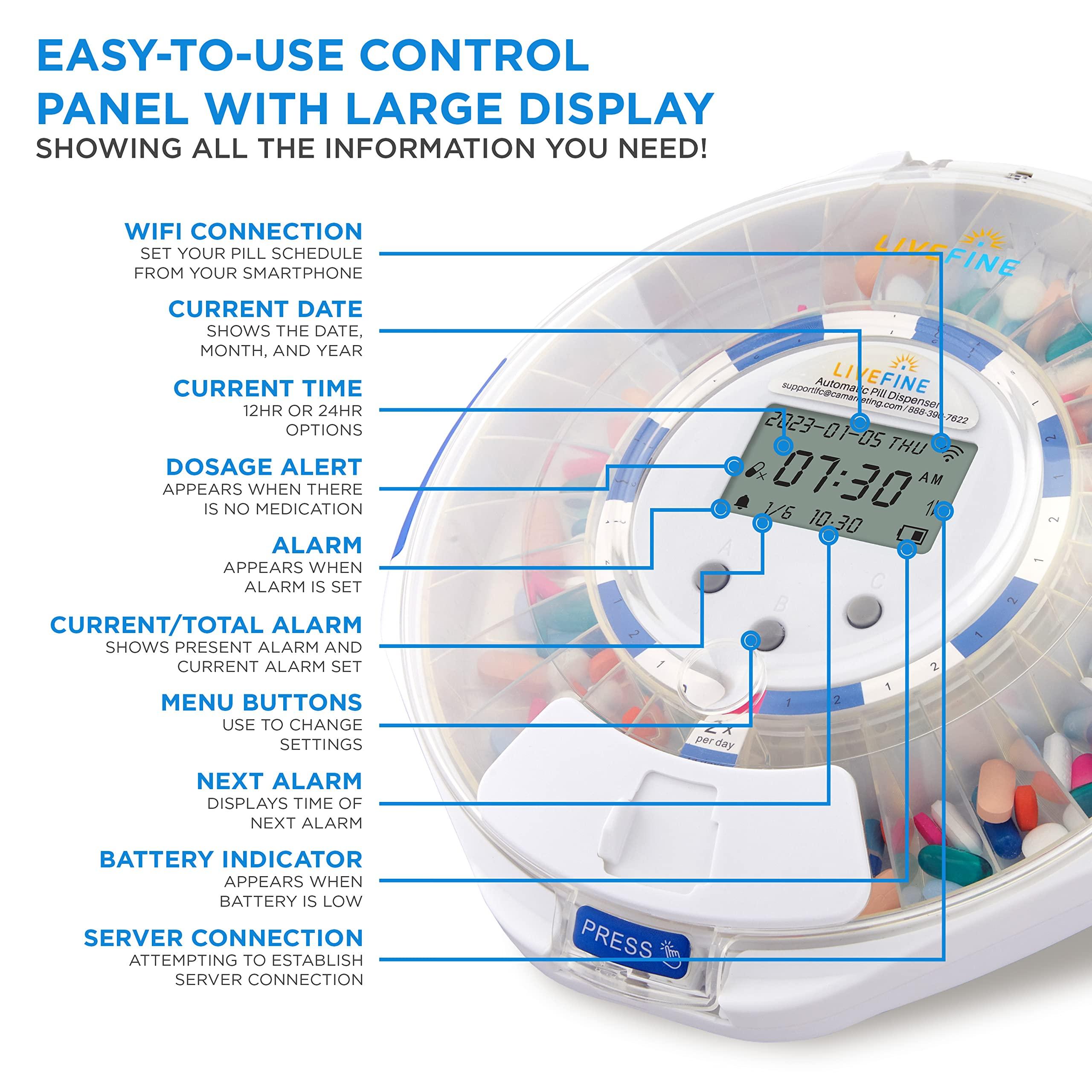 Live Fine LiveFine Smart WiFi Automatic Pill Dispenser Clear Lid | 28-Day Medication Organizer Up to 9 Doses Per Day for Care Monitoring with Lock Key, Light/Sound Alarms for Prescriptions & Vitamins