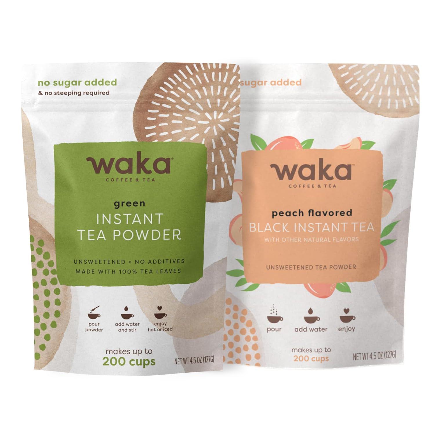 Waka Coffee Waka Premium Instant Tea No Sugar Added & Unsweetened Concentrated Tea Powder (Green & Peach)