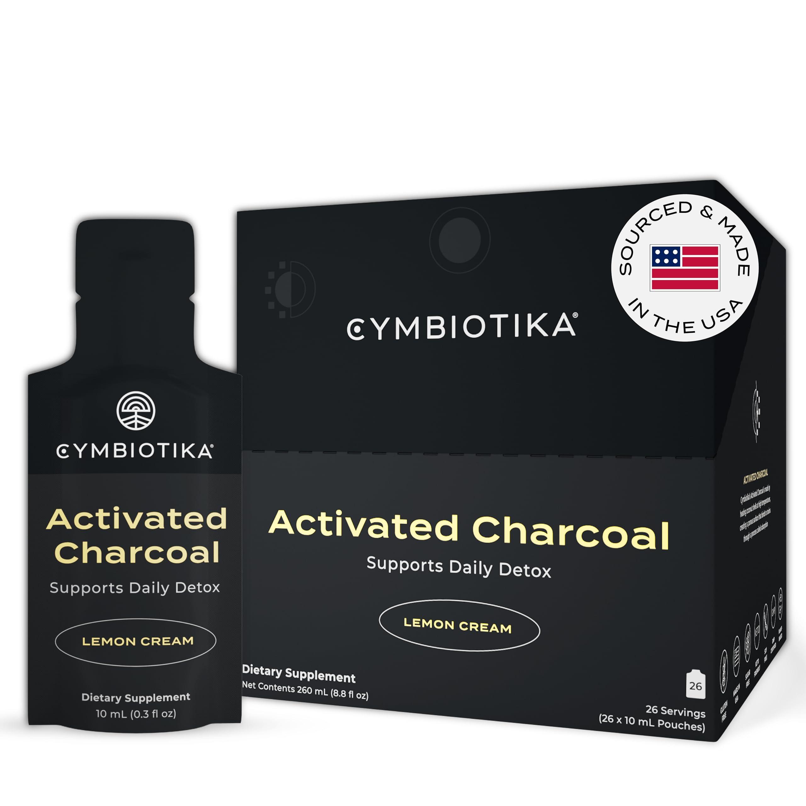 CYMBIOTIKA CYMBIOTIKA Activated Charcoal Liquid Supplement with Vitamin E, Gut Health & Digestive Support for Adults, Helps Cleanse, Detox, Support Gas, Bloating, Lemon Cream Flavor, Vegan, 10ml Pouches, 26 Pack