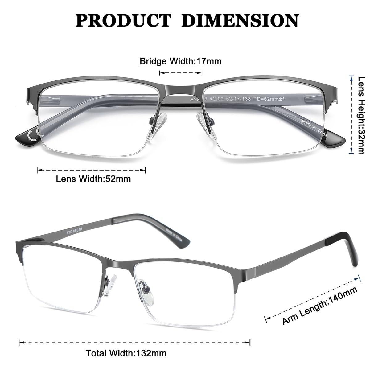 EYECEDAR EYECEDAR 5-Pack Reading Glasses Men Blue Light Blocking Eyeglasses Metal Gunmetal Half Frame Spring Hinges Readers for Men 2.00