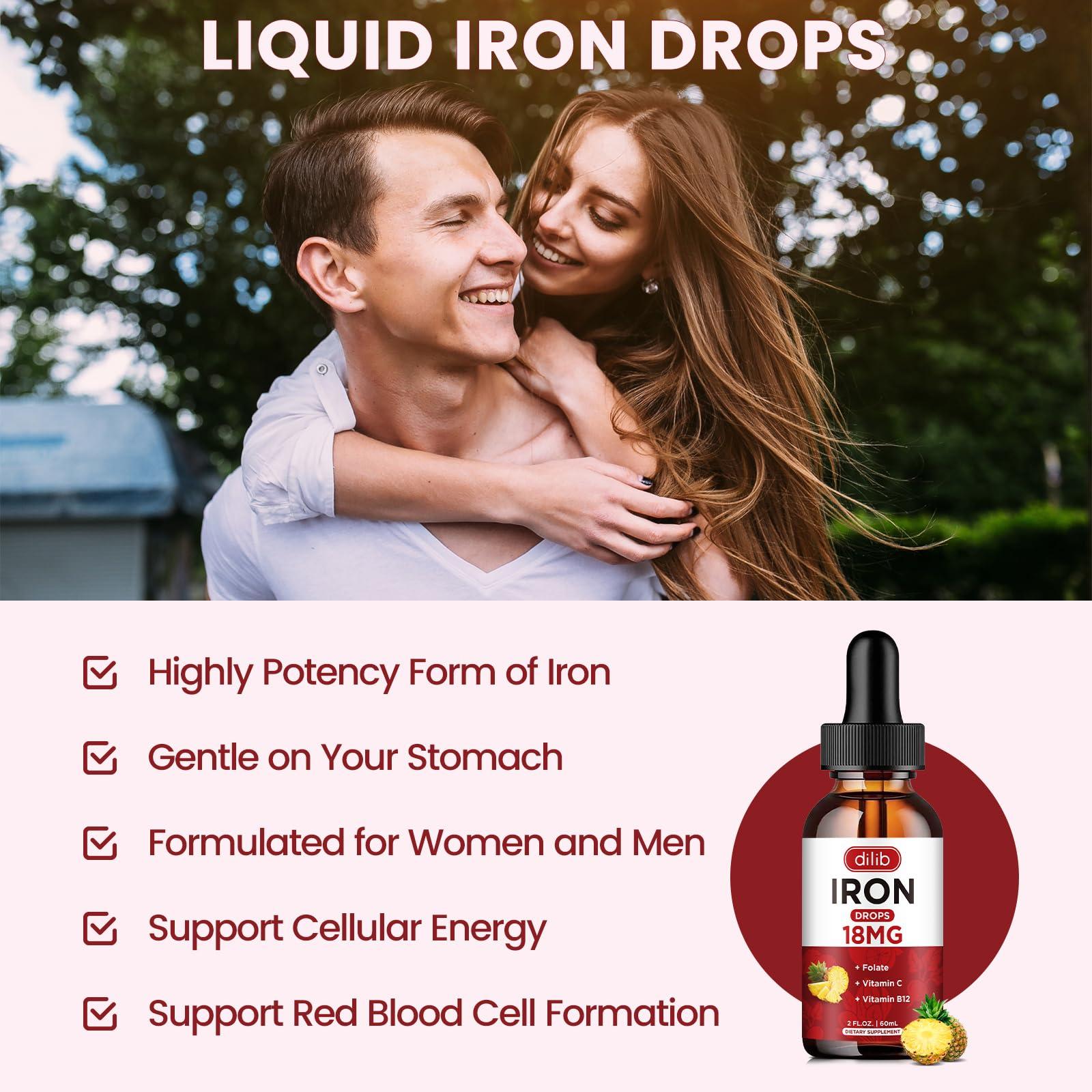 dilib Liquid Iron Supplement for Women & Men Iron Drops Iron Supplements for Anemia with Folate, Vitamin C, B12 for Red Blood Cell Support-Pineapple Flavor, 2 Fl Oz