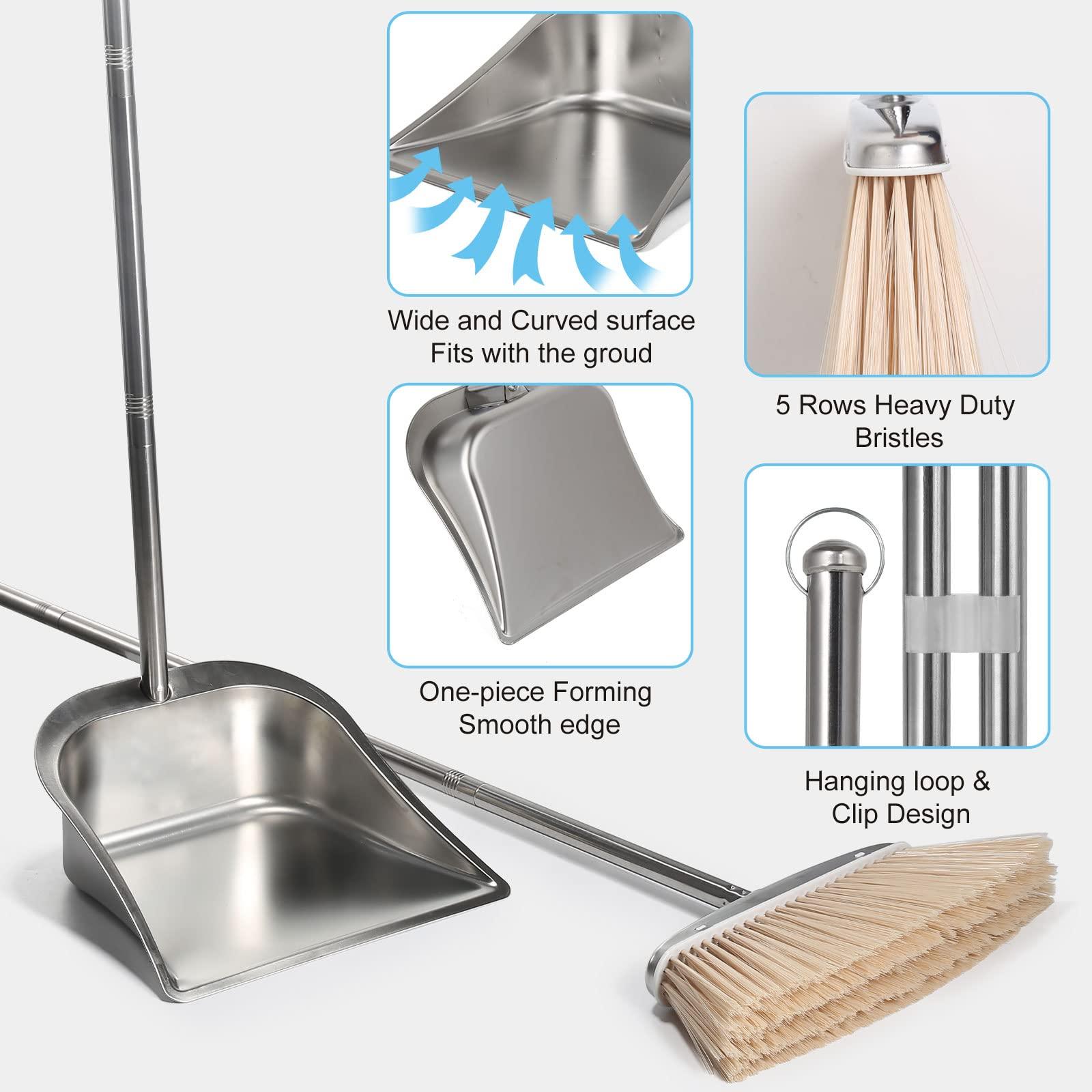 VOOWO VOOWO Broom and Dustpan Set for Home, Stainless Steel Broom and Dustpan Set with Long Handle, Heavy Duty Dustpan Broom Set Standing Dust Pan Kitchen and Home Indoor Outdoor Broom