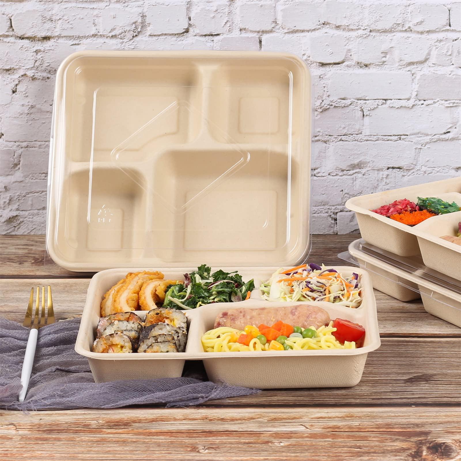 JAYEEY JAYEEY 37 OZ Sugarcane Fiber 4 Compartments disposable plates with Lids Bagasse Plant Fibers Freezer Safe 25 PACK