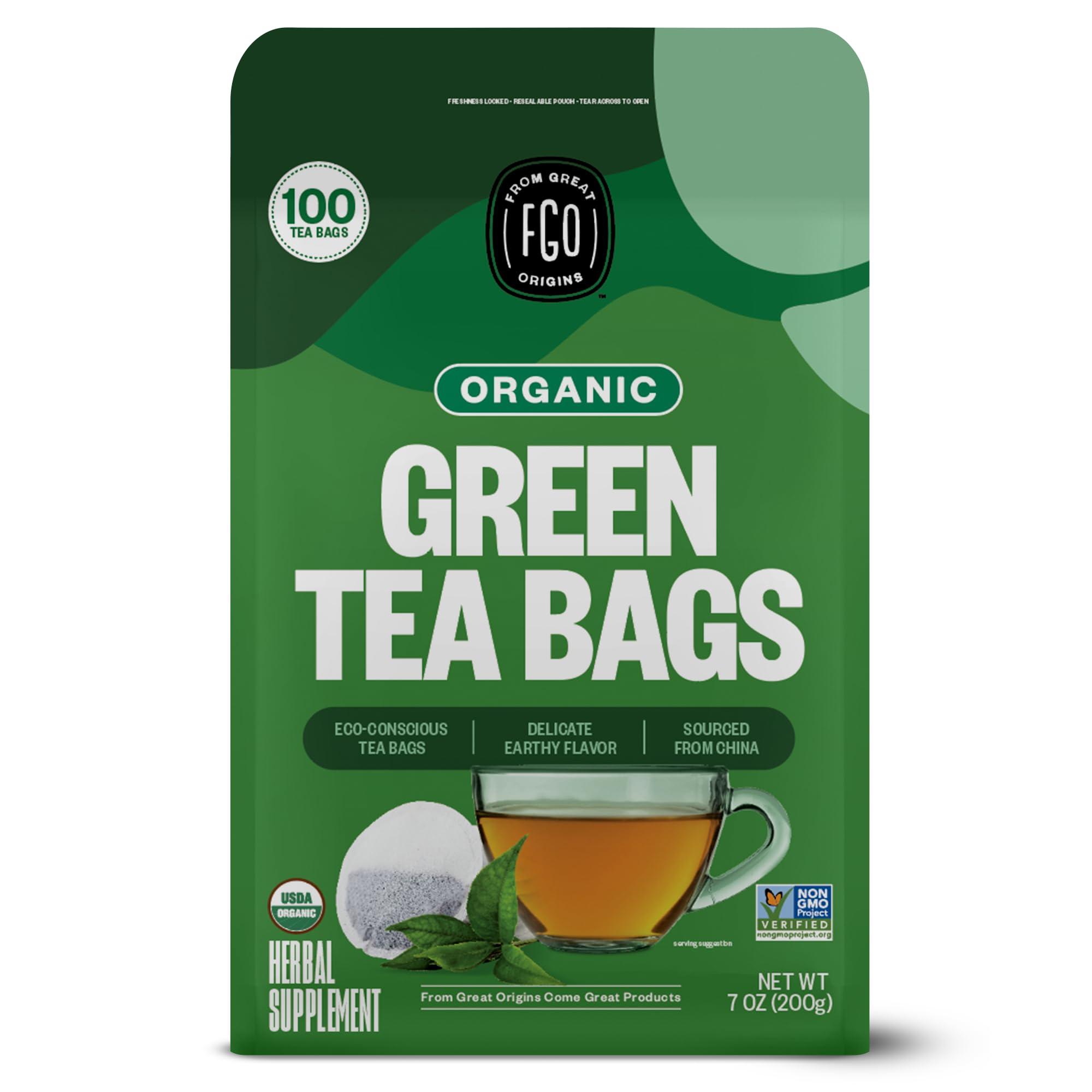 FGO FGO Organic Green Tea, 100 Count Eco-Conscious Tea Bags, Caffeinated, Resealable Pouch, Packaging May Vary (Pack of 1)