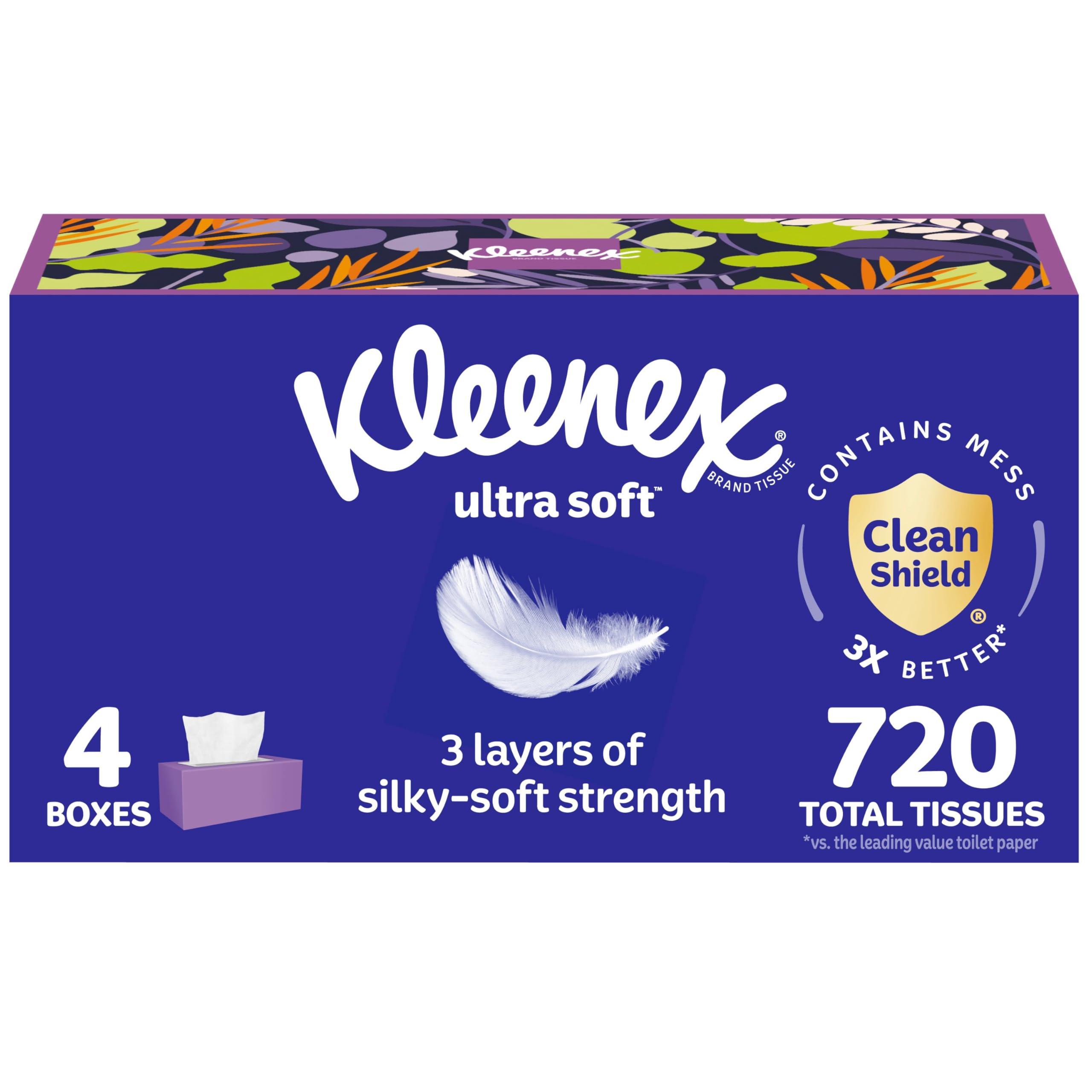 Kleenex Kleenex Ultra Soft Facial Tissues, 4 Flat Boxes, 180 Tissues per Box, 3-Ply, Packaging May Vary