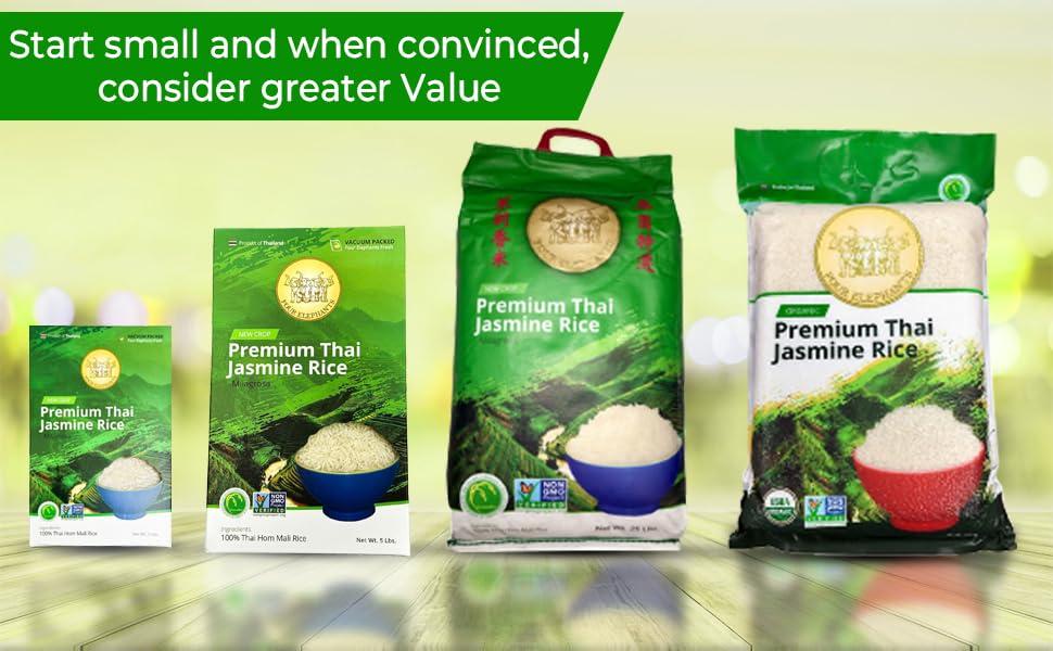 Four Elephants 5 Pounds (LBS) Premium Thai Hom Mali Jasmine Rice | Endorsed By Pro Chefs | Four Elephants Brand | DIY Friendly Cooking Instructions Packaging