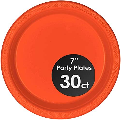 DecorRack DecorRack 30 Small Plastic Plates, Heavy Duty 7 inch Colored Plastic Dinner Plates, Disposable Party Ware for Kids Birthday, Cake Dessert Plates, Holiday Tableware, Orange (Pack of 30)