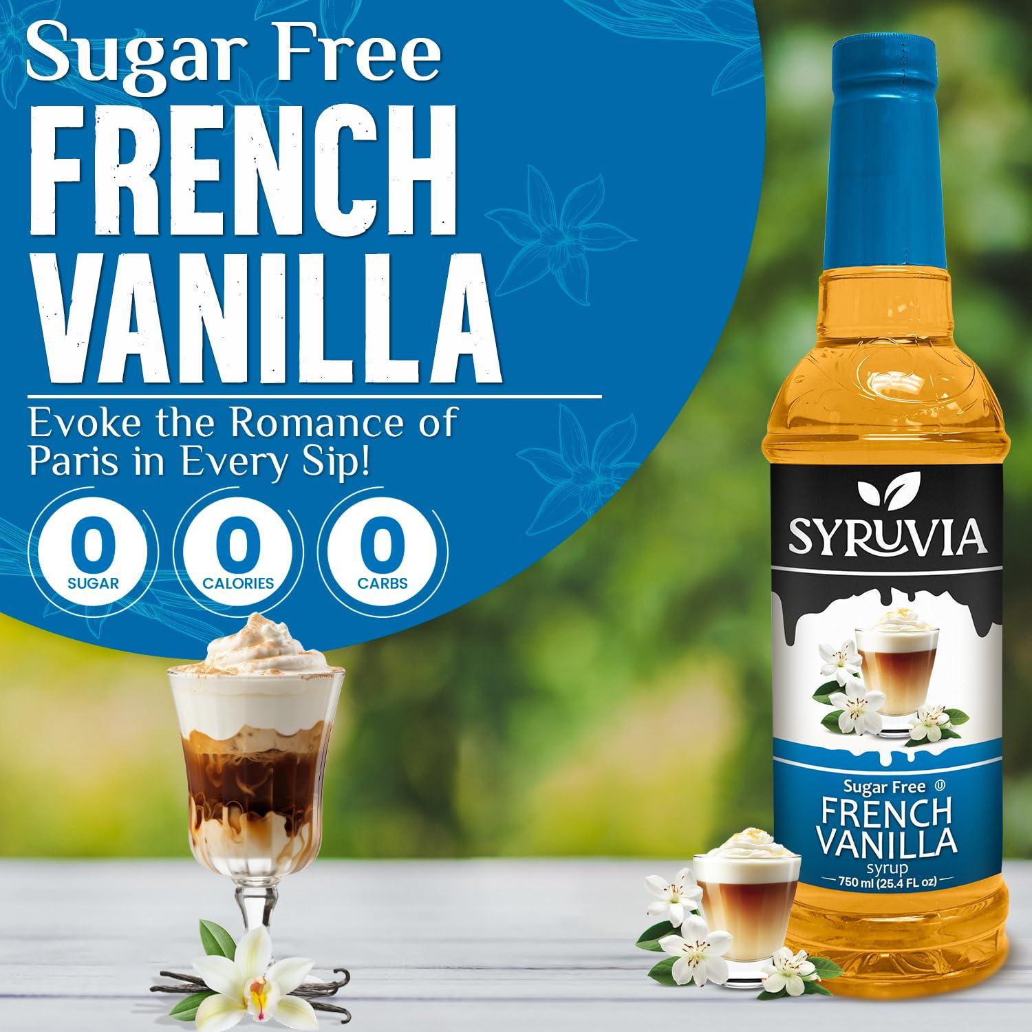 SYRUVIA Syruvia Sugar Free French Vanilla Syrup With Syrup Pump Dispenser French Vanilla Coffee Syrup Flavor, 25.4 fl oz, Kosher, Gluten Free, Perfect for Coffee, Drinks, Soda, Desserts, and More