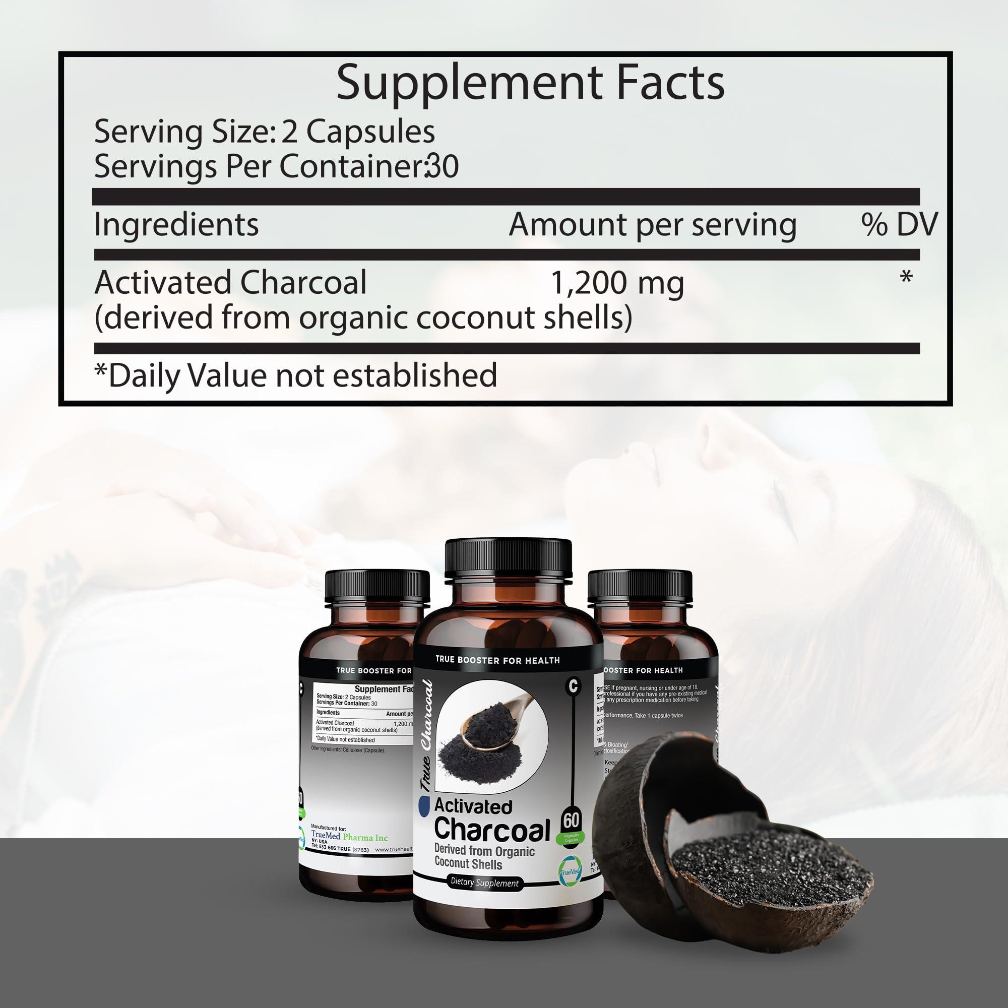 TRUEMED TRUEMED Activated Charcoal Organic Coconut Shell Derived Charcoal Capsule,1200mg, 60 Capsules, Support Detox & Digestive Health, Activated Charcoal Capsules for Health-Conscious Individuals