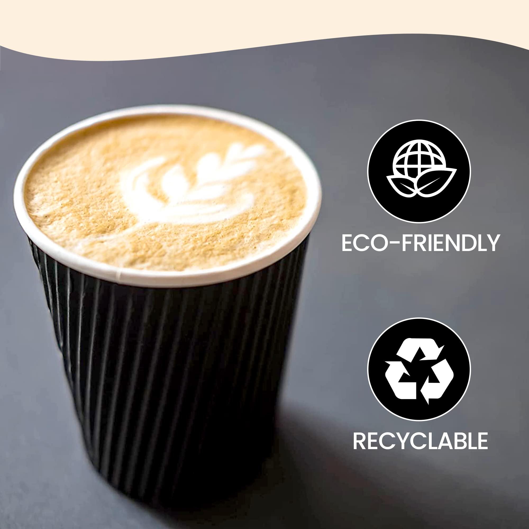 SWEET FLAVOR Disposable Coffee Cups 12oz 500 Pack Black Paper Cups, Ripple Wall Design Hot & Cold Beverage, Eco-Friendly & Recyclable Insulated Coffee Cup Disposable Drinking Cups Suitable Party, Picnic