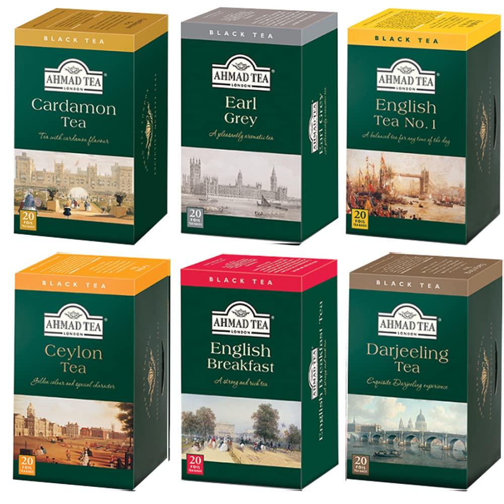 Enjoy Better Coffee Ahmad Black Tea Classic Variety Pack with English Breakfast, English Tea No.1, Darjeeling Tea, Ceylon Tea, Earl Grey Tea & Cardamon Tea, 20 bags each (Pack of 6)