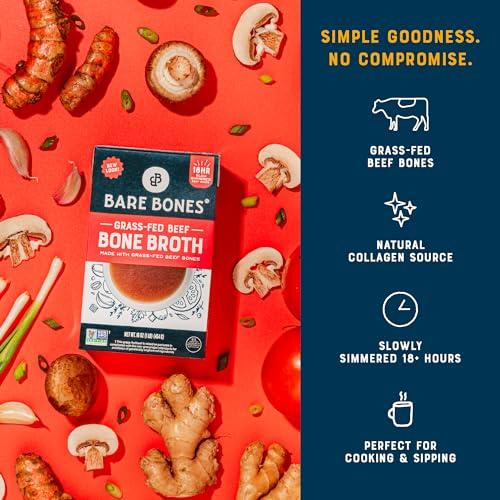 Bare Bones Bare Bones Grass-Fed Beef Bone Broth | Pour w/Pasture Raised Protein & Collagen for Cooking & Sipping | No Artificial Flavors Non-GMO Gluten & Dairy-Free Keto & Paleo Friendly | 16oz Carton | 8 Pack