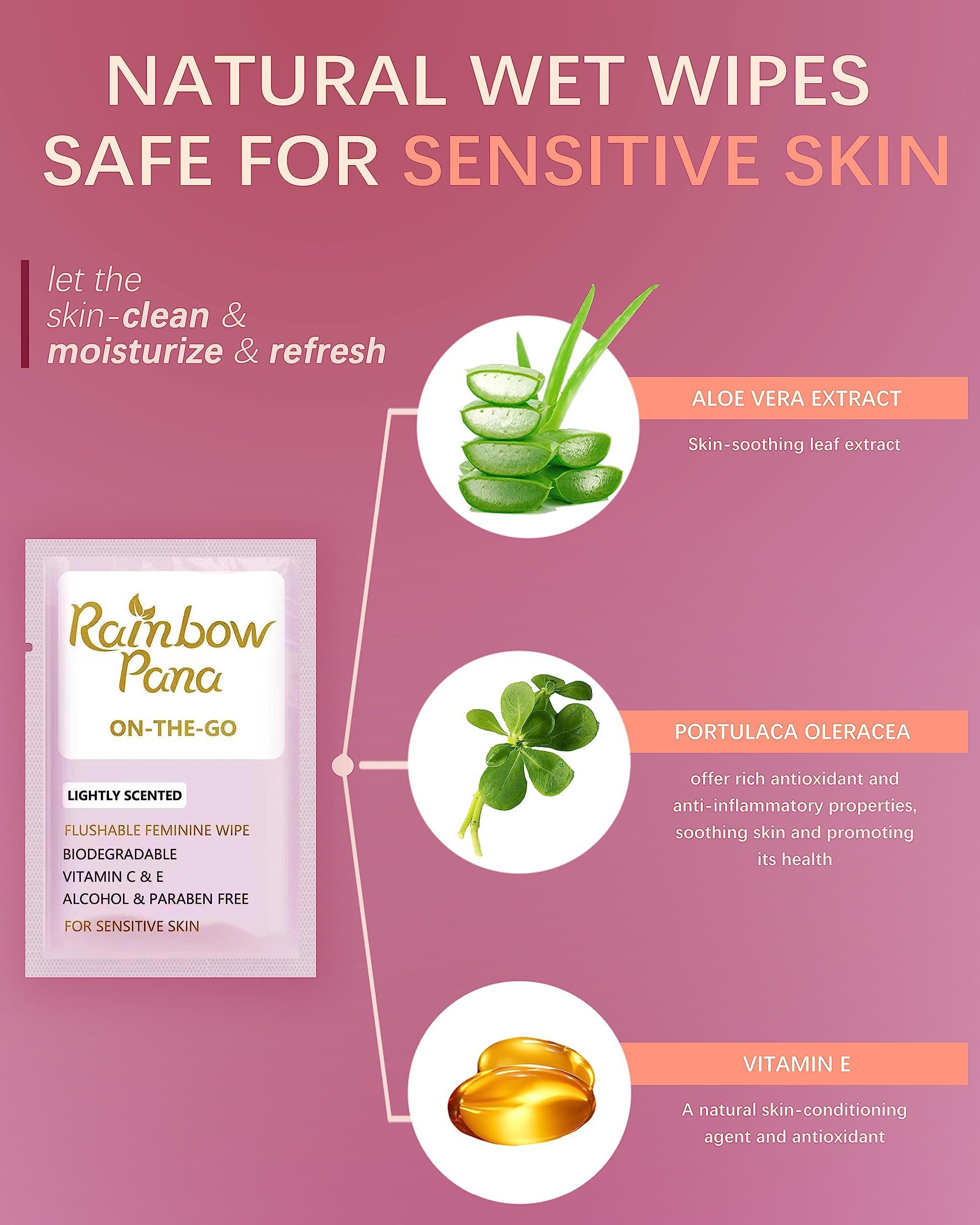 Rainbow Pana RainbowPana Feminine Wipes, 40 Count ON-THE-GO Individually Wrapped | Flushable Wipes, Travel Wipes for Women, Pre/Post-Intimacy Cleansing | Aloe, Portulaca, Vitamin E | pH Balanced, Biodegradable