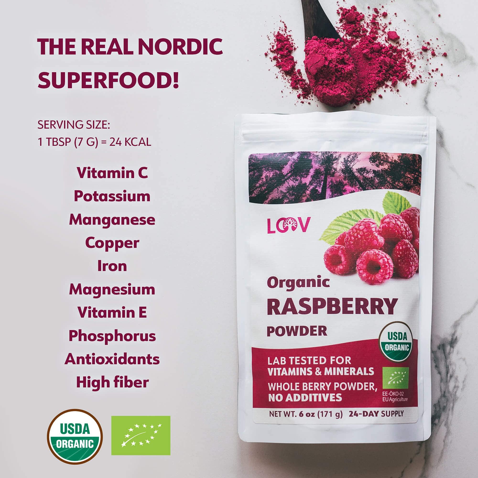 LOOV Organic Raspberry Powder, from Freeze-Dried European Raspberries, 6 Oz, Raw, 24-Day Supply, No Added Sugar