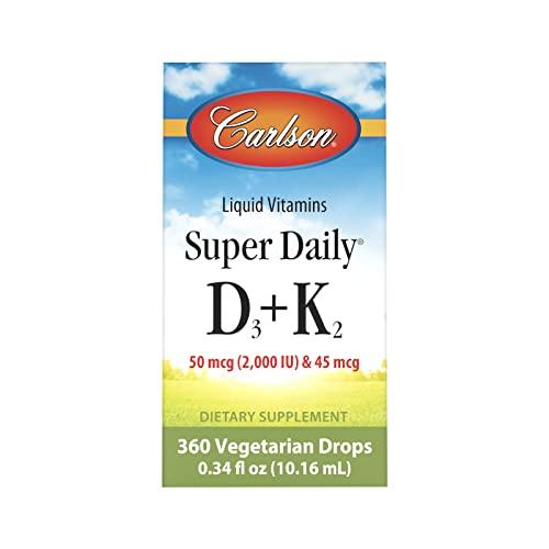 Carlson Carlson Super Daily D3 + K2, 50 mcg D3 + 45 mcg MK-7, Heart & Bone Health, 360 Liquid Drops, 10.16 ml