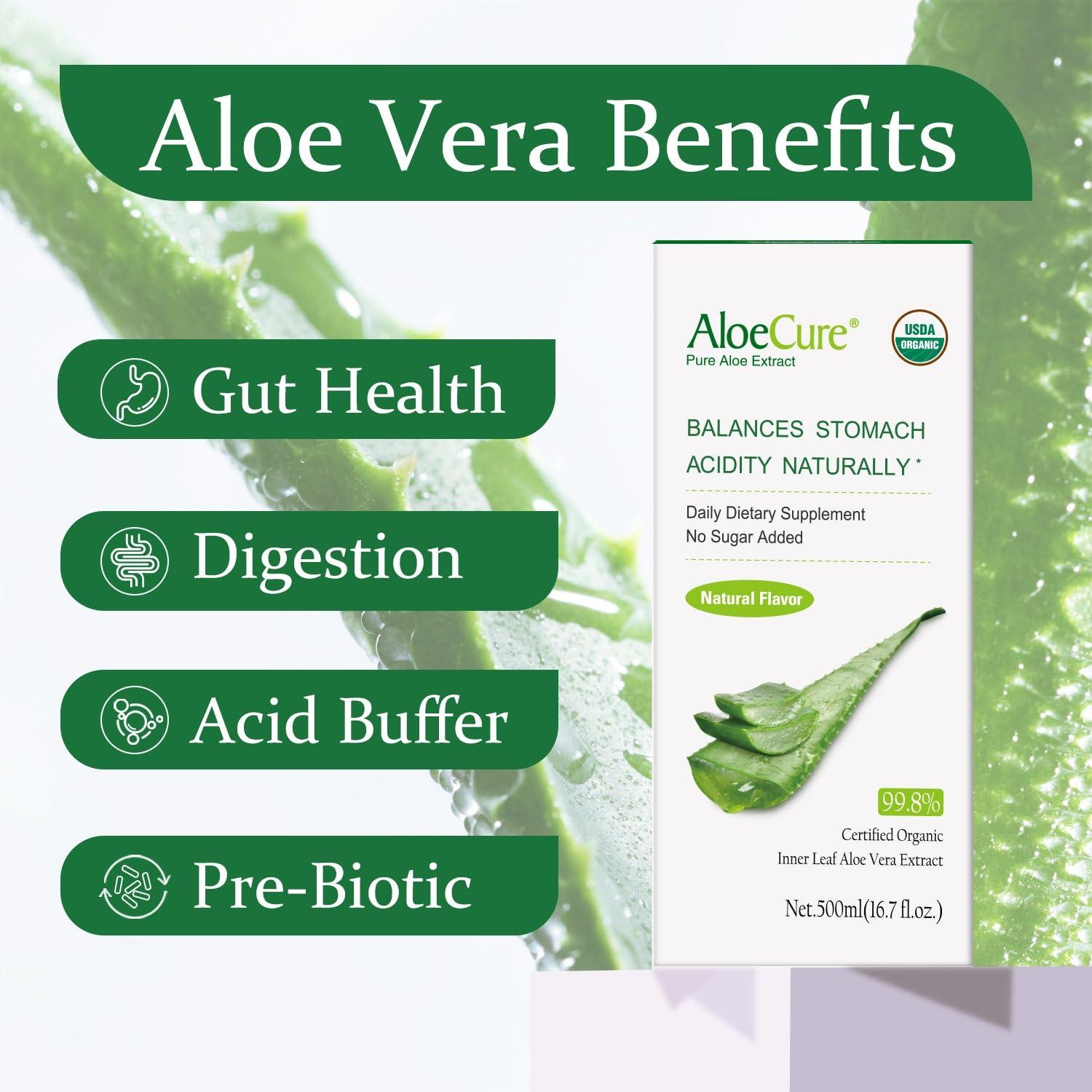 AloeCure AloeCure USDA Organic Aloe Vera Juice Made Within 12 Hrs of Harvest - Pure Aloe Juice Natural Digestive Supplement to Support Digestion, Immune System and Balanced Stomach Acidity, 6 x 500ml Bottles