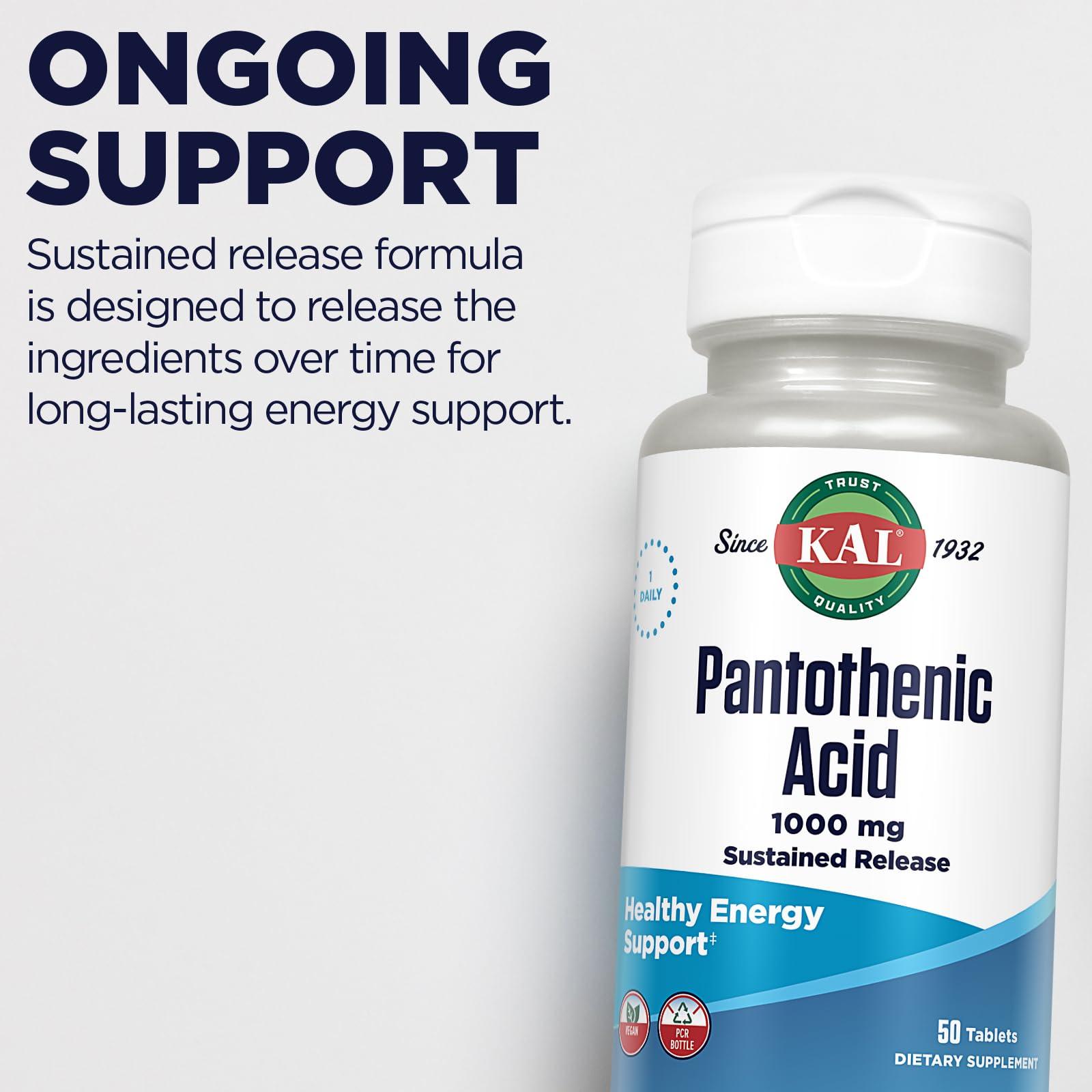KAL KAL Pantothenic Acid 1000mg, Sustained Release Vitamin B5 - Energy Supplements - Supports Metabolism of Carbs, Fat and Protein, Hair and Skin Health, Vegan, 60-Day Guarantee, 50 Servings, 50 Tablets