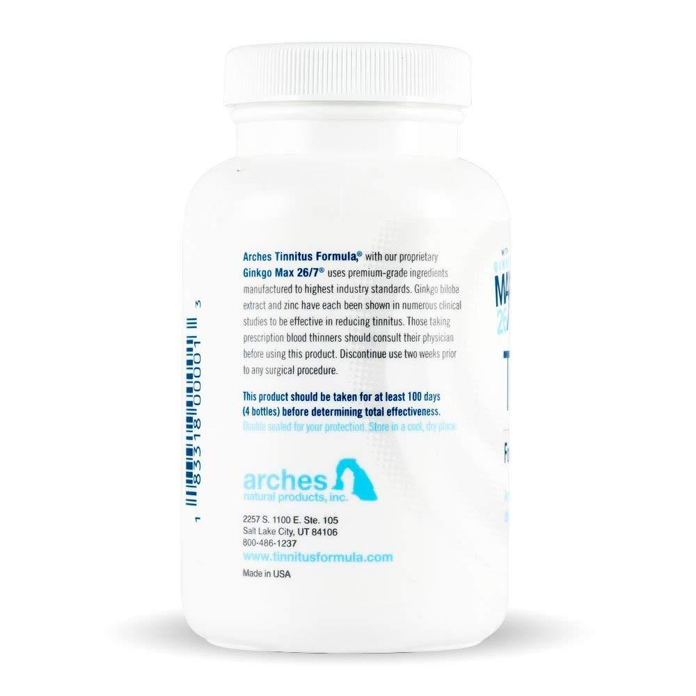 Arches Tinnitus Formulas Arches Tinnitus Formula - Now with Ginkgo Max 26/7 - Natural Tinnitus Treatment for Relief from Ringing Ears - 100 Count Bottle - 25 Day Supply, Ginkgo biloba extract, zinc picolinate, deodorized garlic