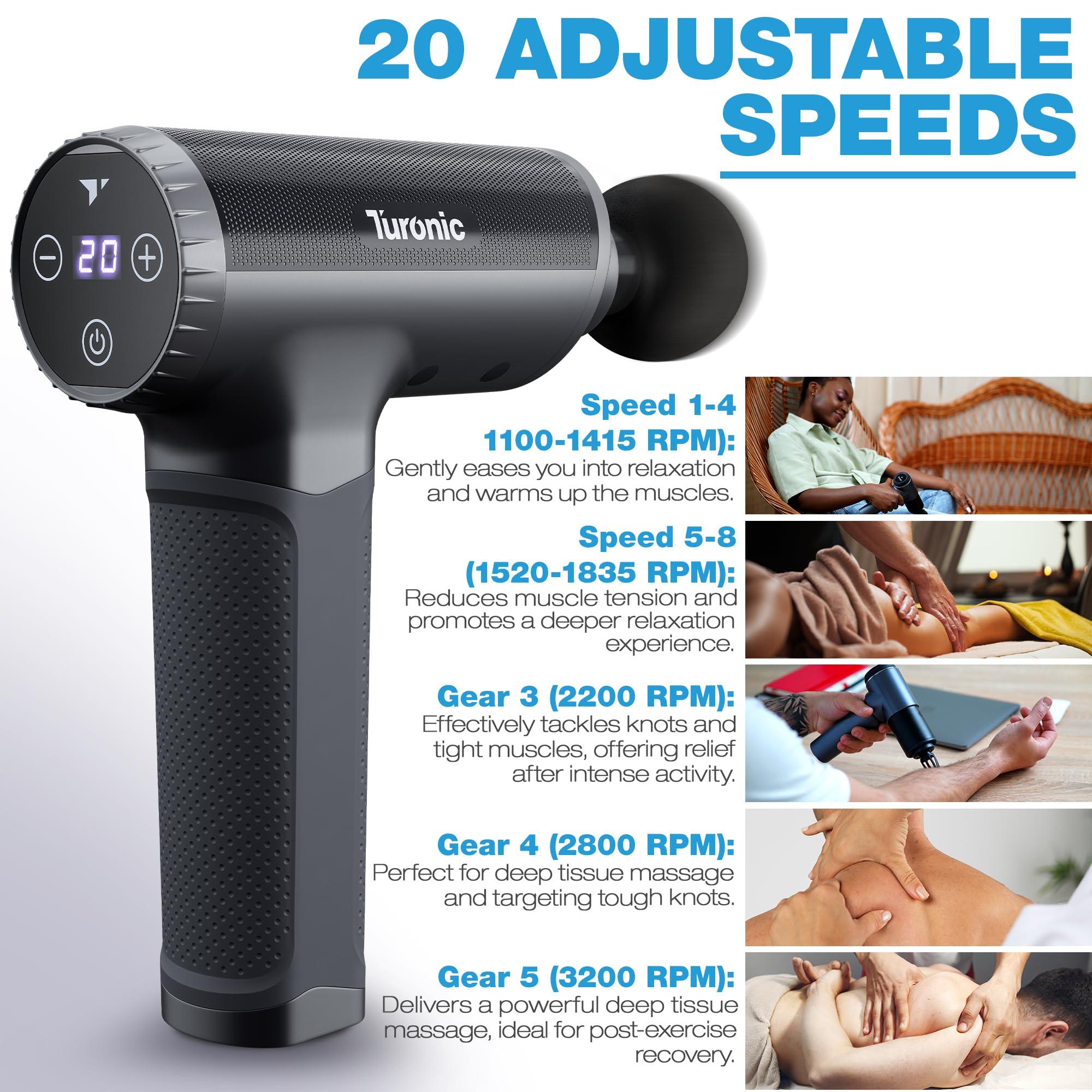 Turonic Turonic GM5 Handheld Massage Gun - Deep Tissue Percussion Massager, 20 Speeds, 7 Heads, Quiet, Powerful, Portable, Cordless, Rechargeable for Athletes, Personal Use, Shoulder, Leg, Foot, Back, Body