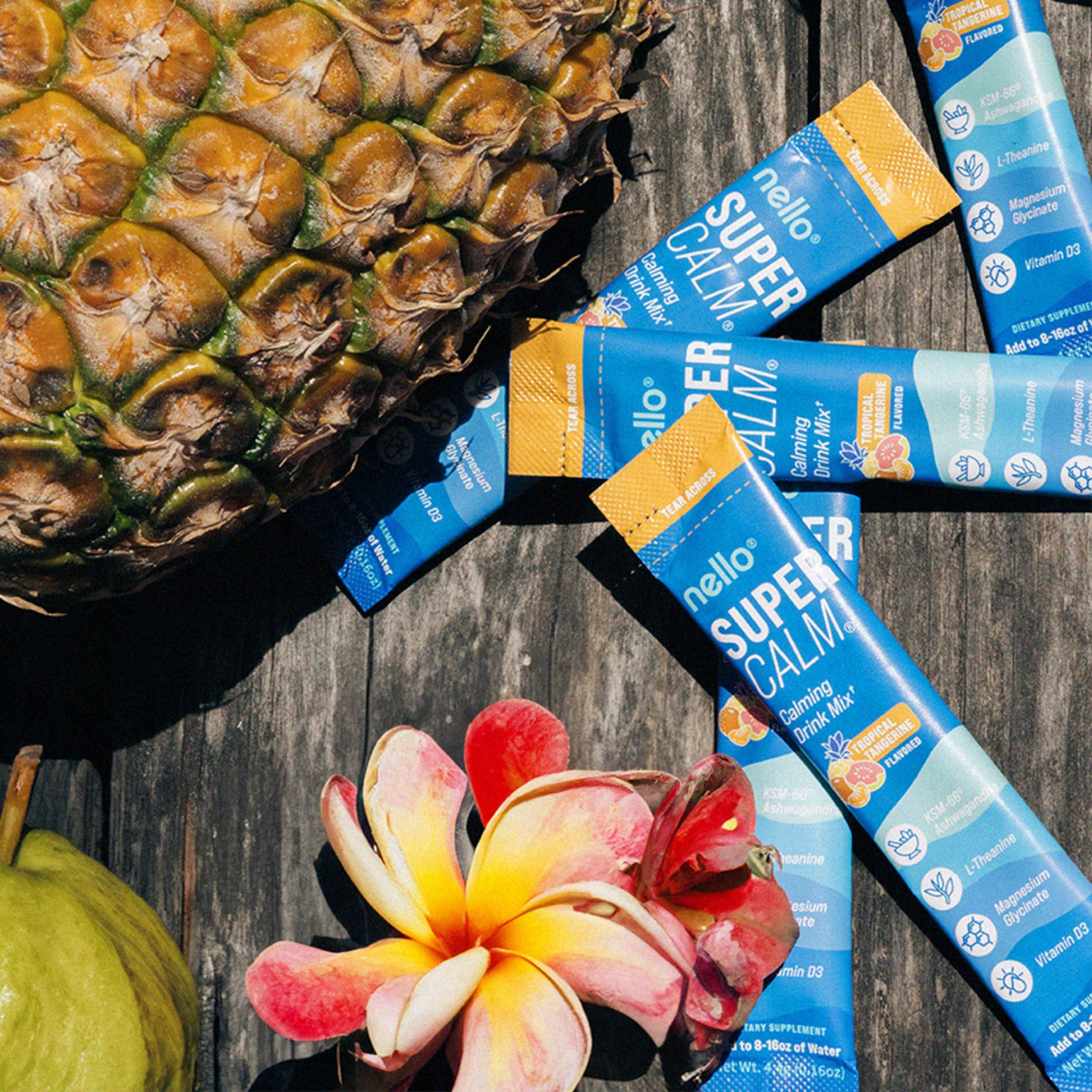 Nello Nello Supercalm Powdered Drink Mix, Tropical Tangerine, L Theanine, Ksm-66 Ashwagandha, Magnesium Glycinate, Vitamin D 3, Supplements for Relaxation & Focus, Natural, No Sugar, Non GMO, 20 Srvg