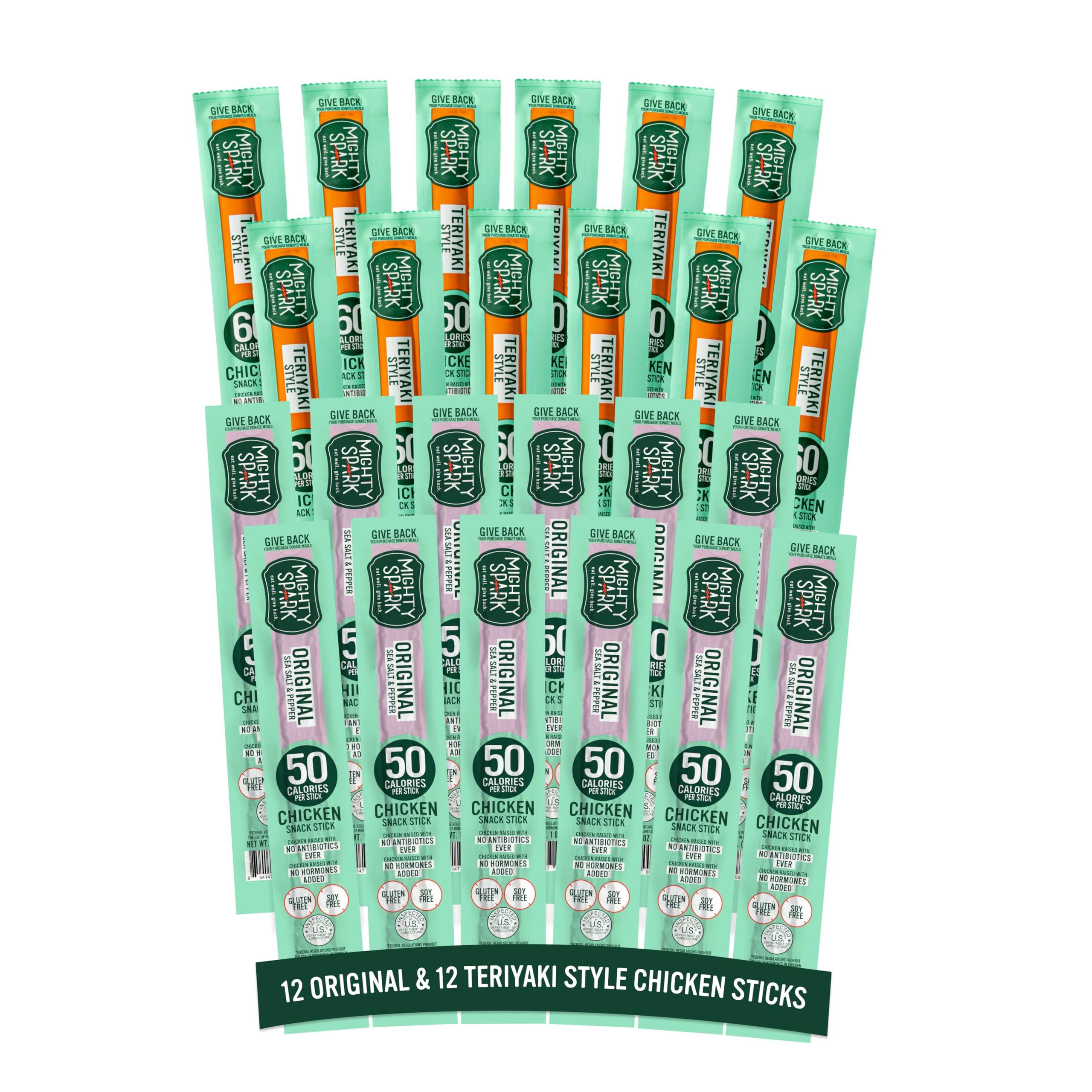Mighty Spark Mighty Spark Chicken Snack Sticks Variety Pack - Original + Teriyaki - 6g of Protein, Gluten Free, Soy Free Jerky Sticks - High Protein Keto Snacks, Weight Watchers Approved Snacks - 24 ct
