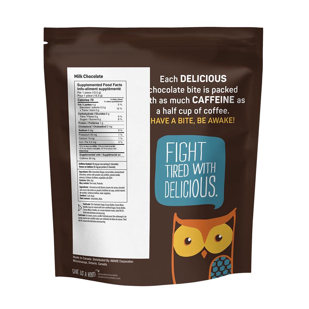 AWAKE Caffeinated Chocolate AWAKE - Caffeinated Chocolate Bites - Milk Chocolate, 50 Bites - 50mg Caffeine - Individually Wrapped Energy Bites - Coffee Alternative - Fairtrade, Gluten Free, Non GMO - 0.48oz