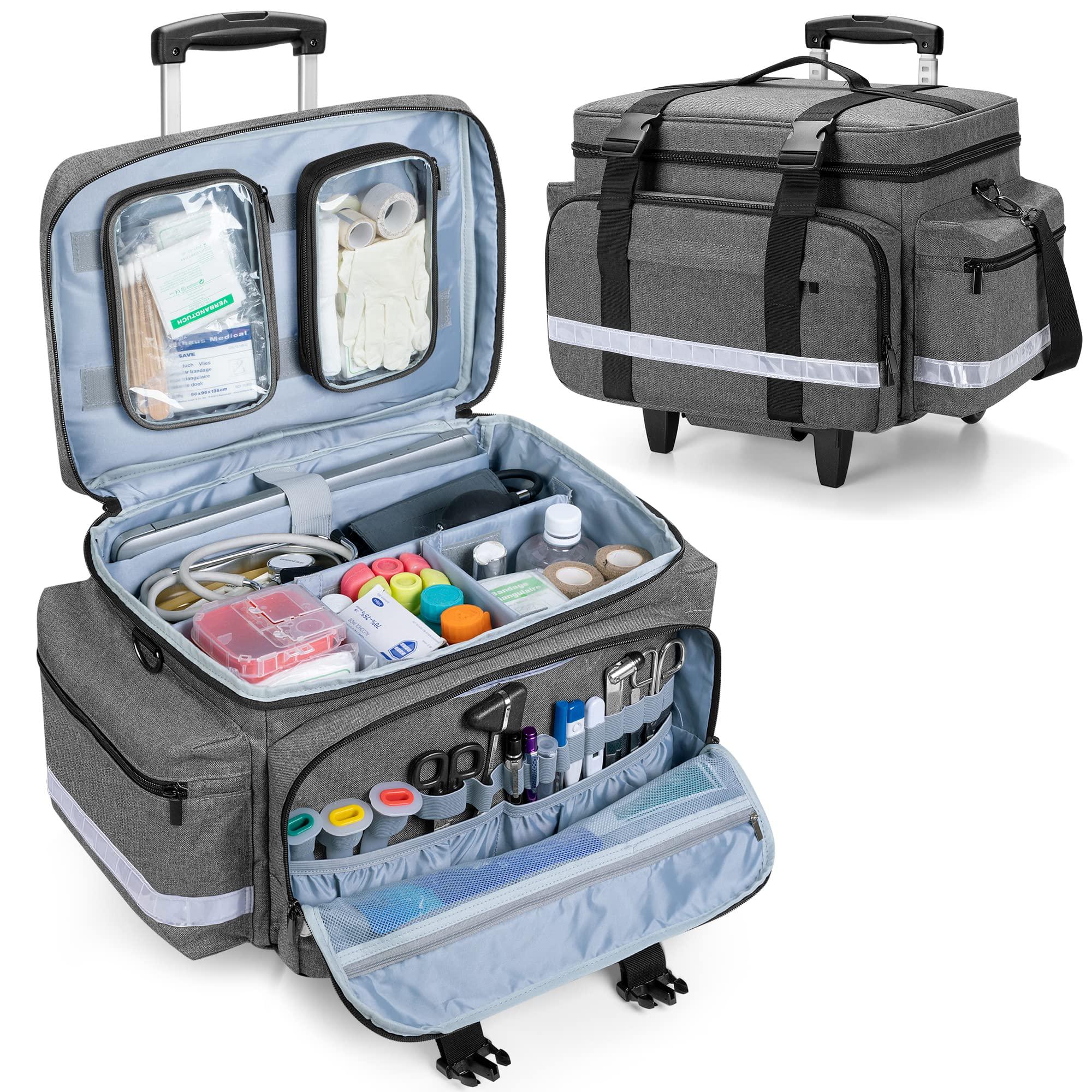 Damero Damero Rolling Medical Bag with Detachable Trolley, Medical Equipment Bag with Removable Pouches and Dividers, First Aid Responder Bag Empty for Home Health Nurses, Doctors, EMT, EMS, Gray