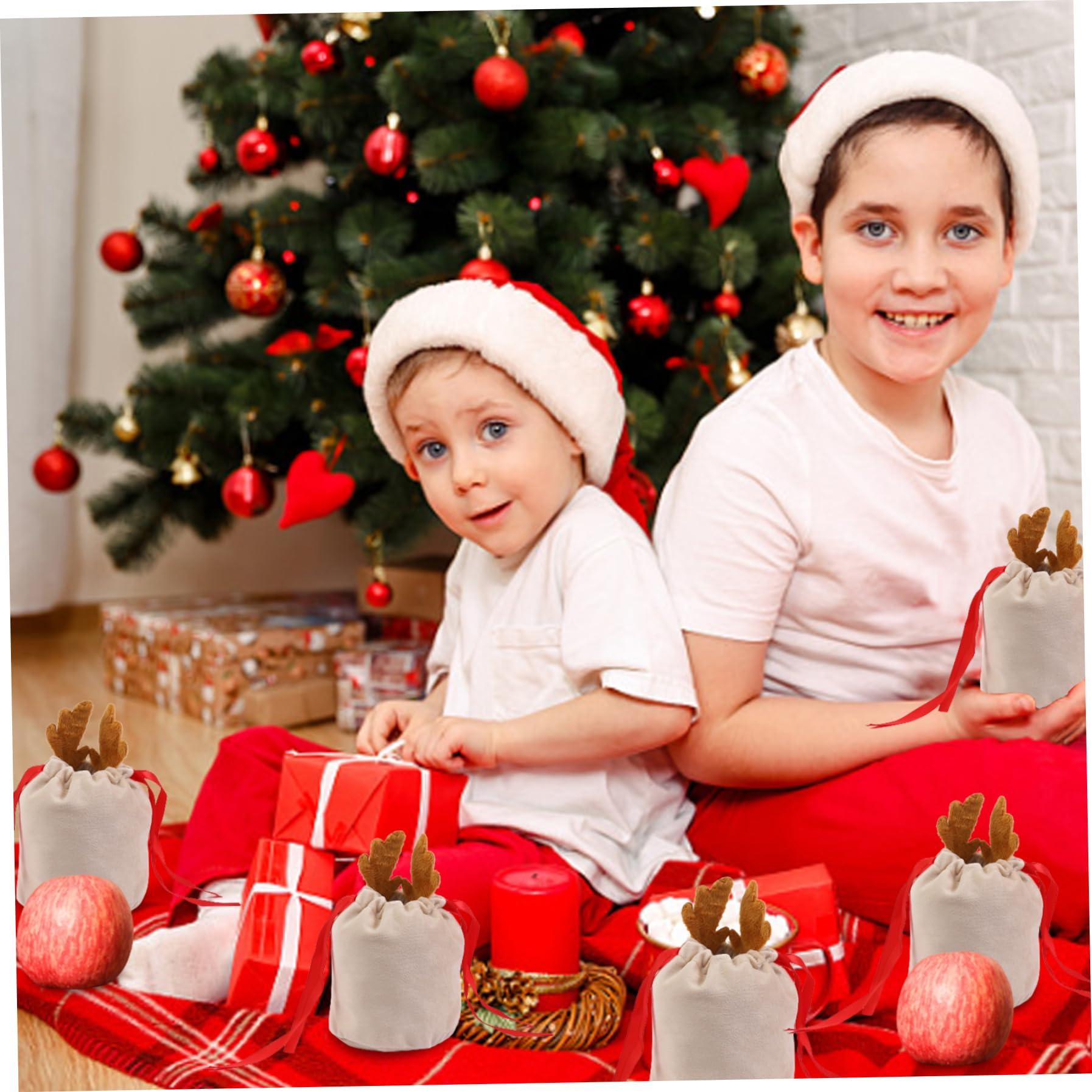 KUYYFDS KUYYFDS Christmas Gift Bags Multipack Xmas Drawstring Gift Bags 10PCS Cute Antlers Velvet Christmas Candy Wrapping Bags Small Christmas Treat Bags for New Year Presents Holiday Party Favors