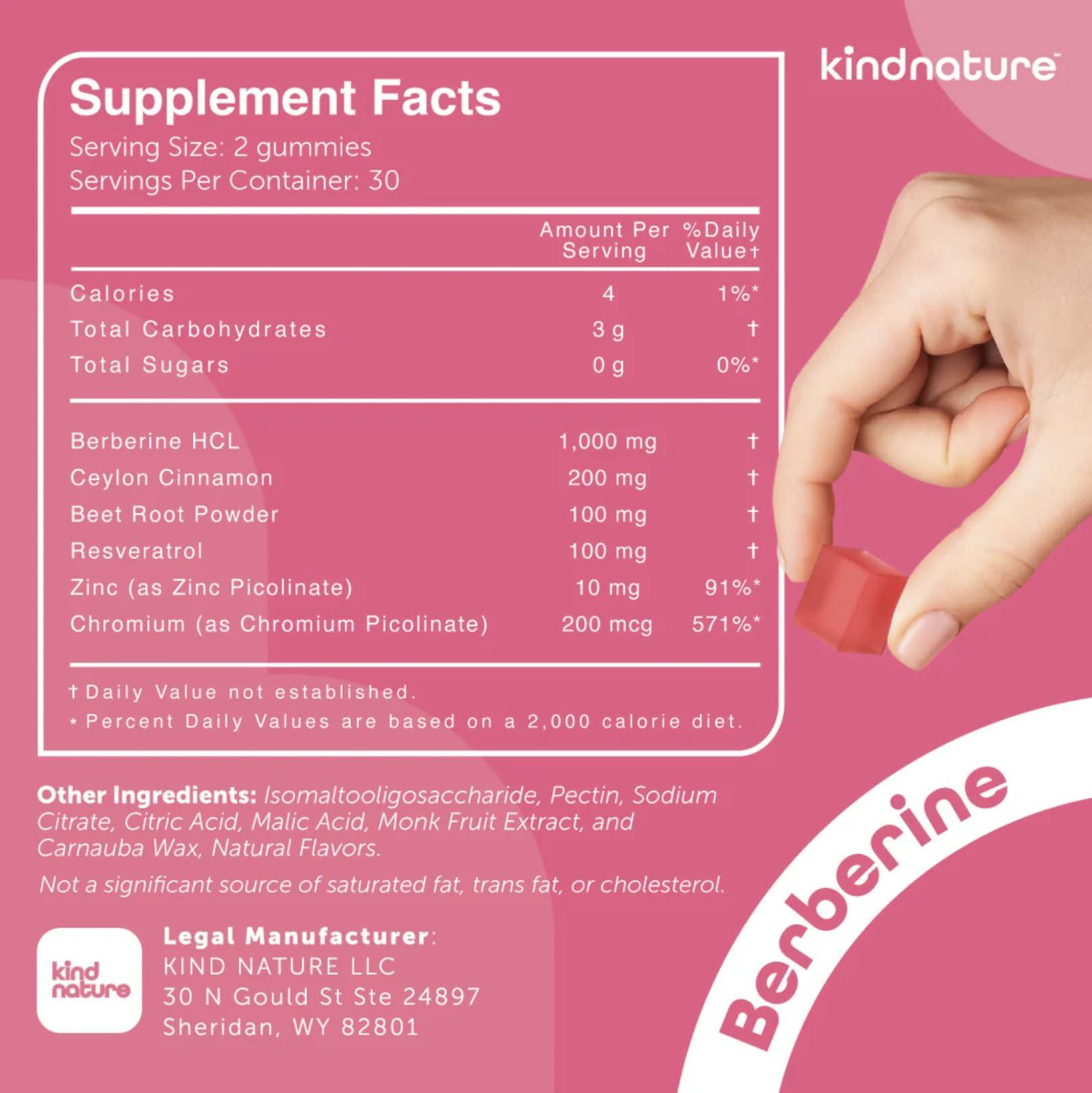 kindnature Kind Nature 1000mg Berberine Gummies - Sugar Free Natural Berberine Supplement Gummies with Ceylon Cinnamon & Beet Root - Non GMO, 3rd Party Tested Berberine Complex