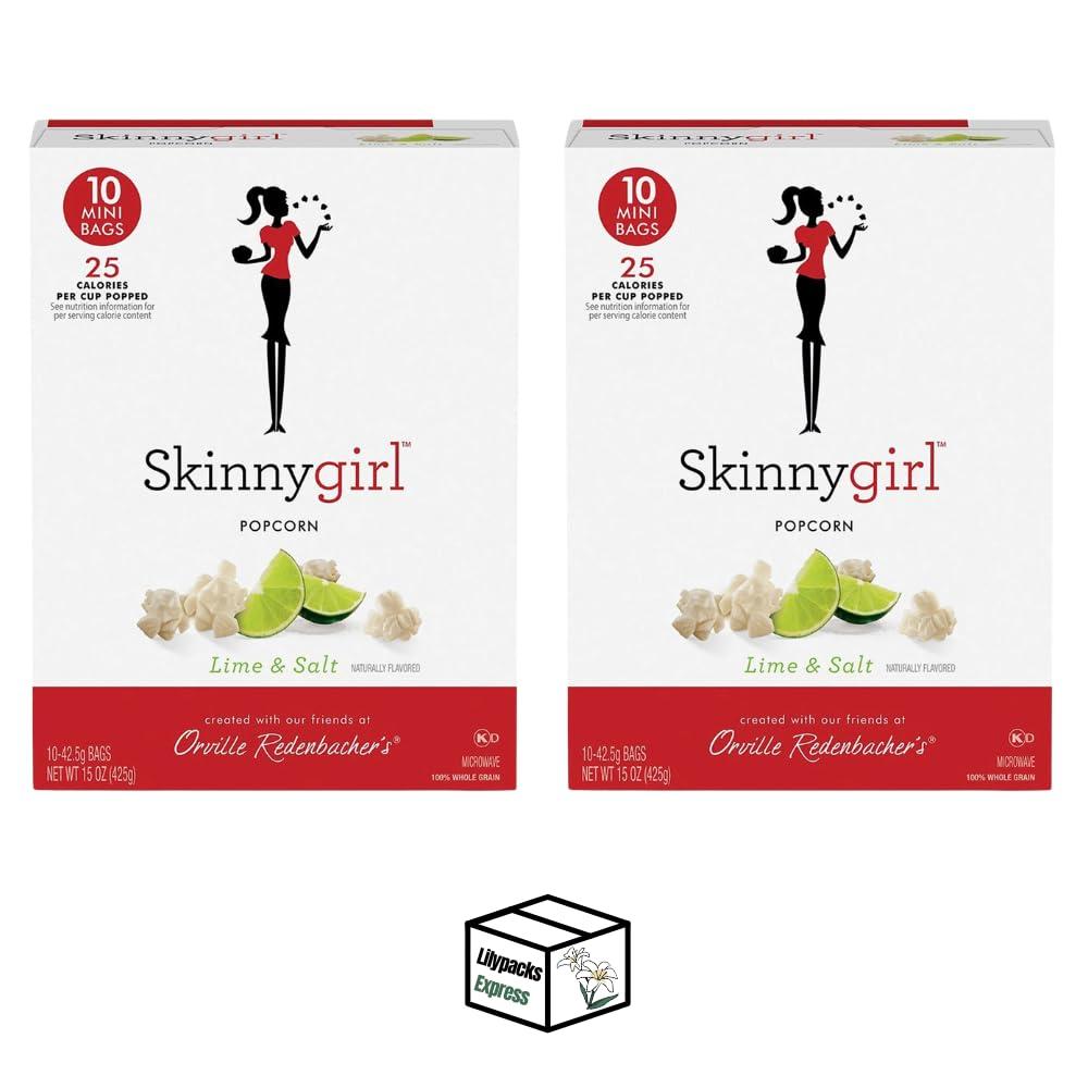 Lilypacks Express Skinnygirl Popcorn | 15 OZ | 2 Boxes |10 Mini Bags each | 20 Bags Total | Gluten Free Snack | Bundled by Lilypacks Express (15 oz, Lime & Salt)