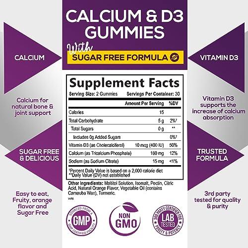 Nature\'s Nutrition Sugar Free Calcium Gummy Bites Plus 400 IU Vitamin D3, Bone Health & Immune Support, Supports Bone Strength - Chewable Calcium Nutrition Supplement, Non-GMO, Berry Flavor Chews - 60 Gummies