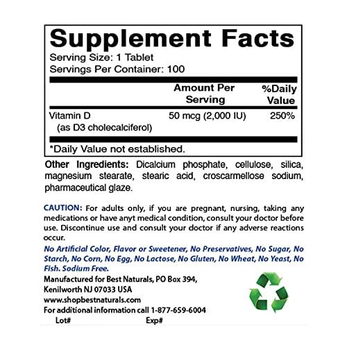 Best Naturals Best Naturals Vitamin D3 2000 IU (50 mcg) - 100 Tablets - 100 Days Supply - Helps Support Immune Health, Strong Bones and Teeth, & Muscle Function (100 Count (Pack of 1))