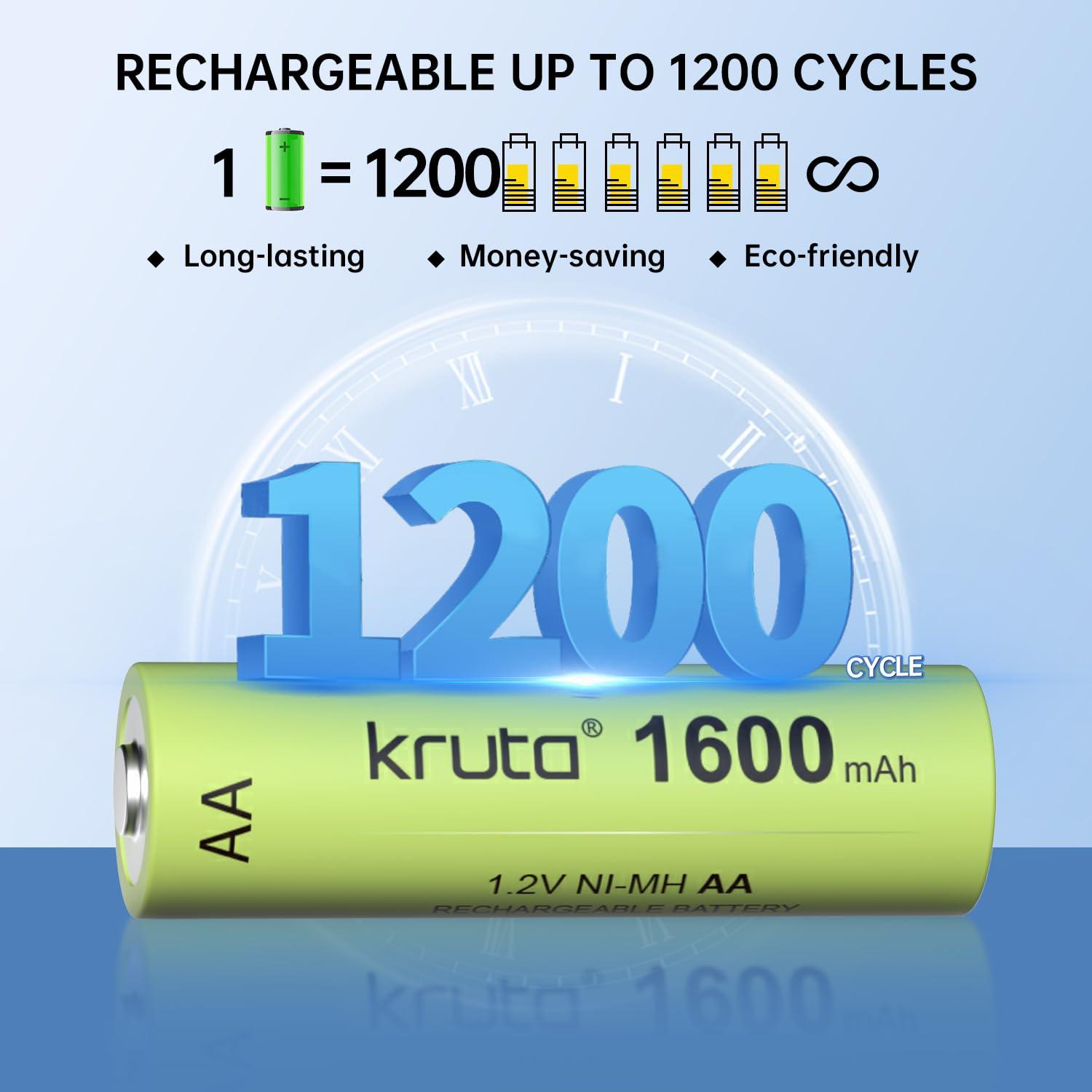 Kruta Kruta Ni-MH AA Rechargeable Batteries, Double A 1600mAh High Capacity 1.2V Pre-Charged for Garden Landscaping Outdoor Solar Lights, String Lights, Pathway Lights (AA-1600mAh-8 Pack)
