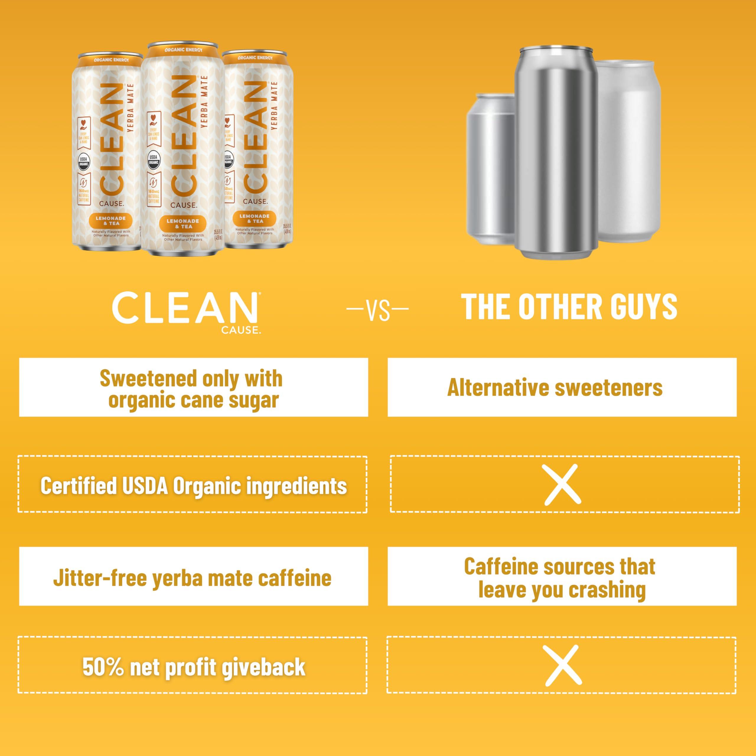 CLEAN CAUSE. NEW! CLEAN Cause Lemonade & Tea USDA Organic Yerba Mate Tea (15.5oz cans, 12-Pack Case) Non-Carbonated, 160mg Caffeine
