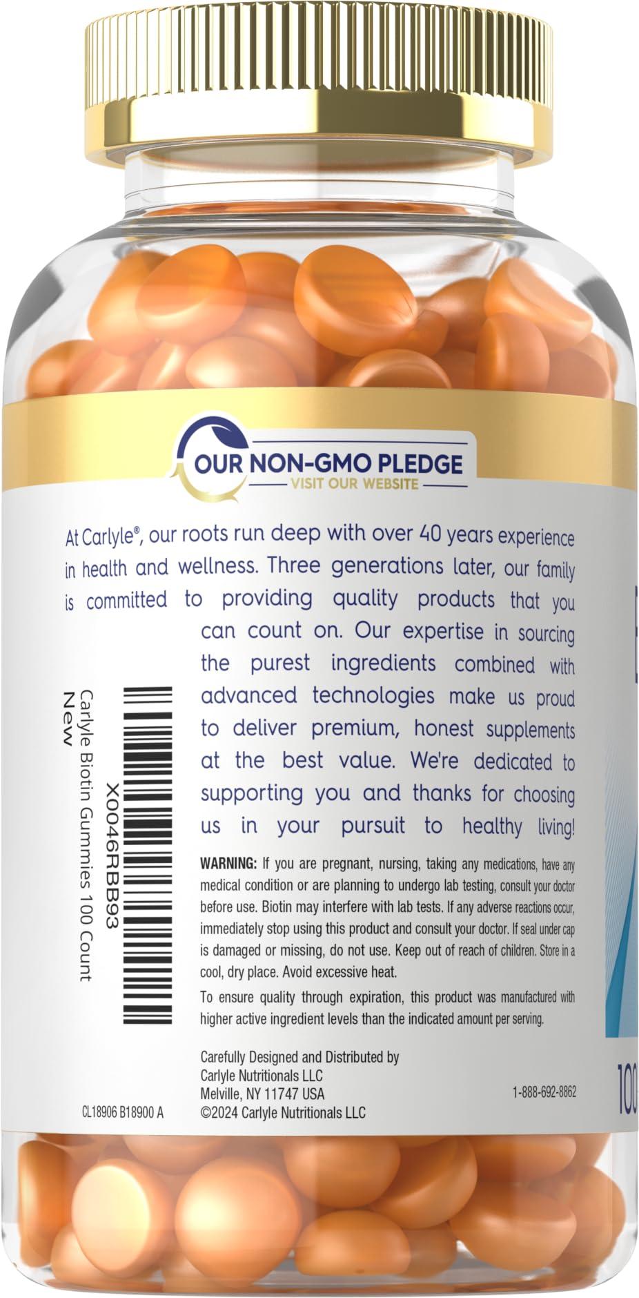 Carlyle Carlyle Biotin 10000mcg Gummies | 100 Count | Peach Flavor Supplement | Vegan, Non-GMO, Gluten Free