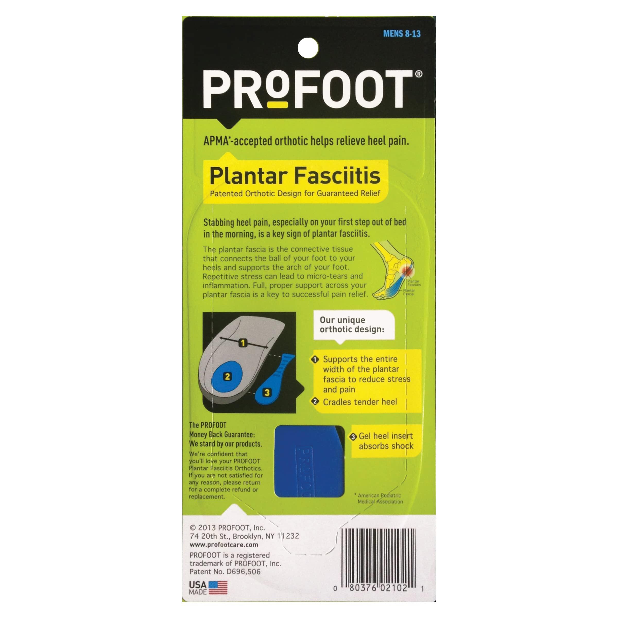 PROFOOT Profoot Orthotic Insoles for Plantar Fasciitis & Heel Pain, Men\'s 8-13, 1 Pair